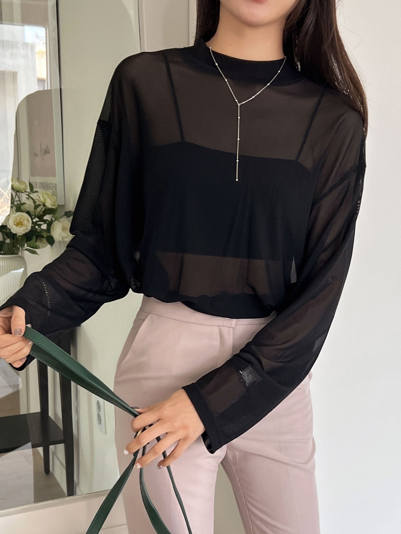 Buy SHEIN DAZY Mock Neck Drop Shoulder Sheer Top Without Tube Top in Pakistan