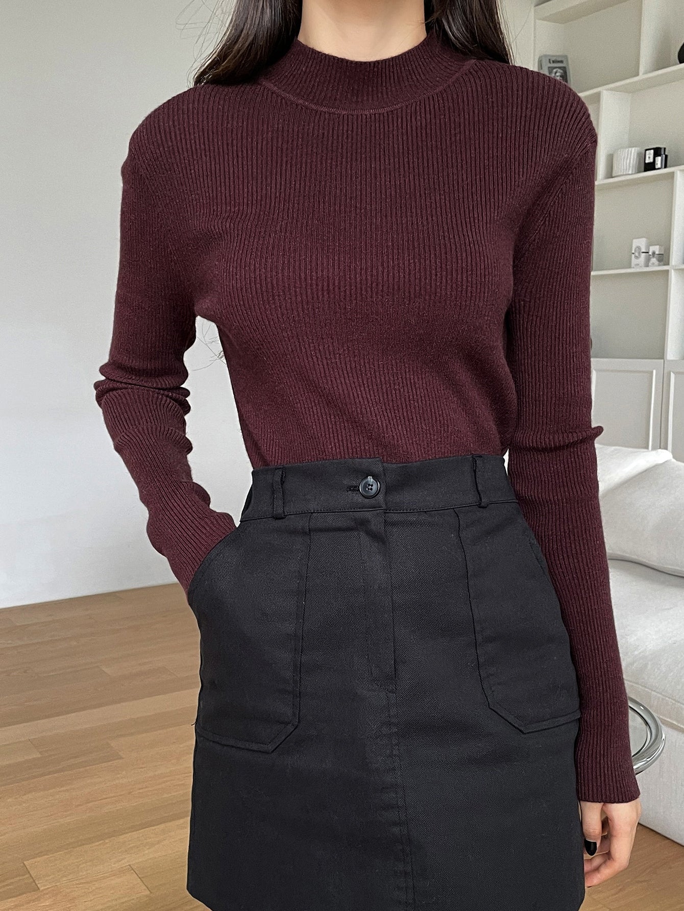 Buy SHEIN DAZY Kpop Mock Neck Ribbed Knit Sweater in Pakistan