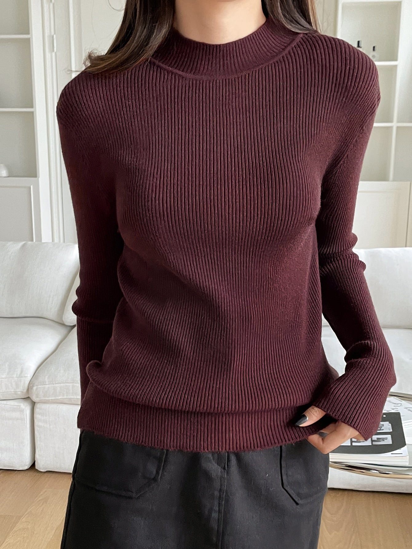 Buy SHEIN DAZY Kpop Mock Neck Ribbed Knit Sweater in Pakistan
