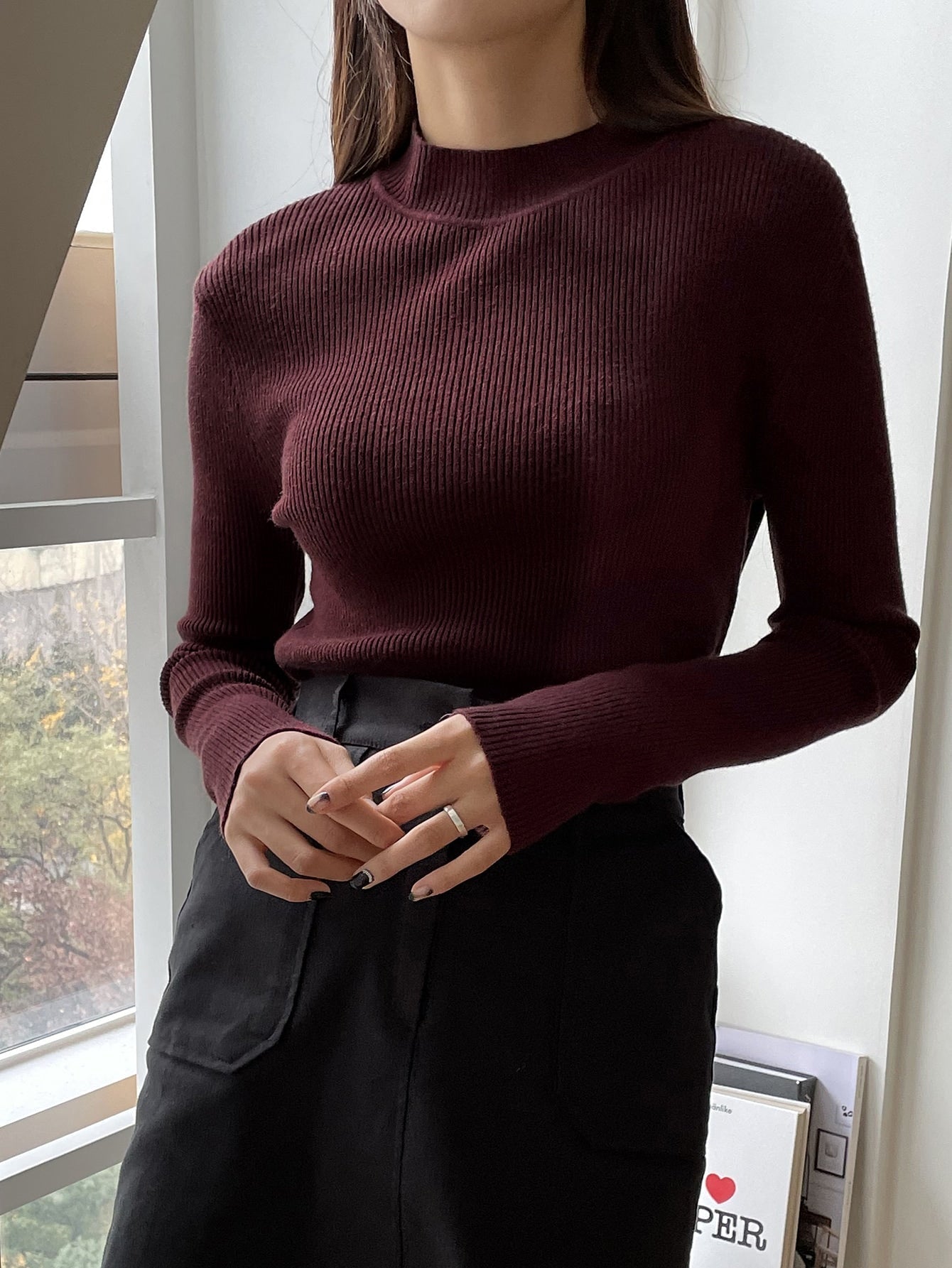 Buy SHEIN DAZY Kpop Mock Neck Ribbed Knit Sweater in Pakistan