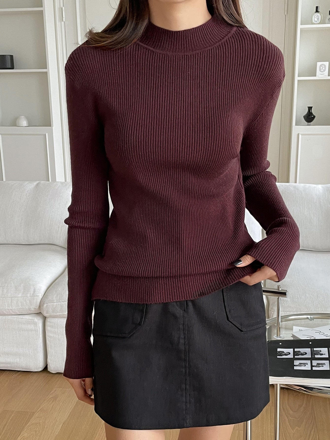 Buy SHEIN DAZY Kpop Mock Neck Ribbed Knit Sweater in Pakistan