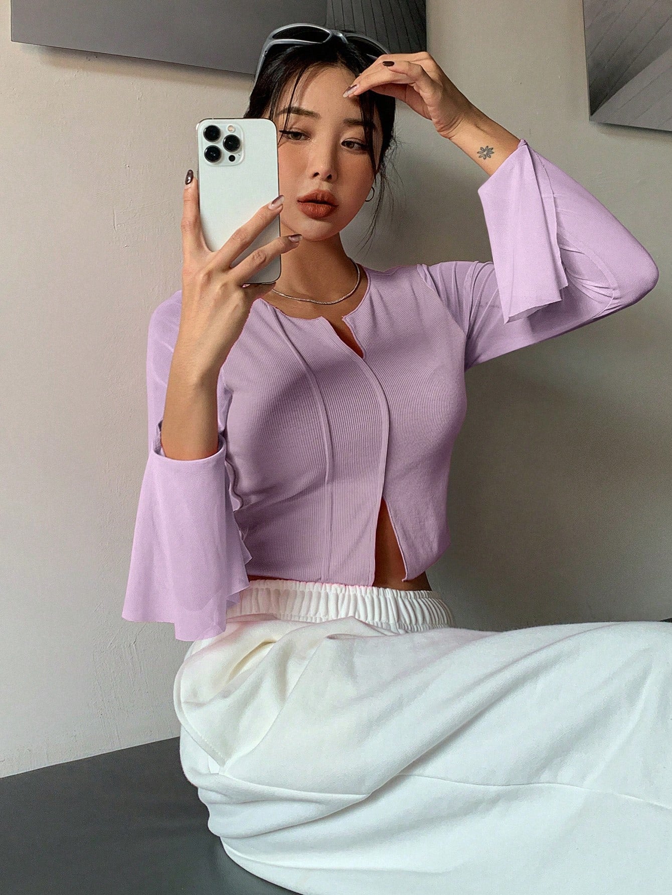 Buy SHEIN DAZY Notched Neckline Flounce Sleeve Crop Tee in Pakistan