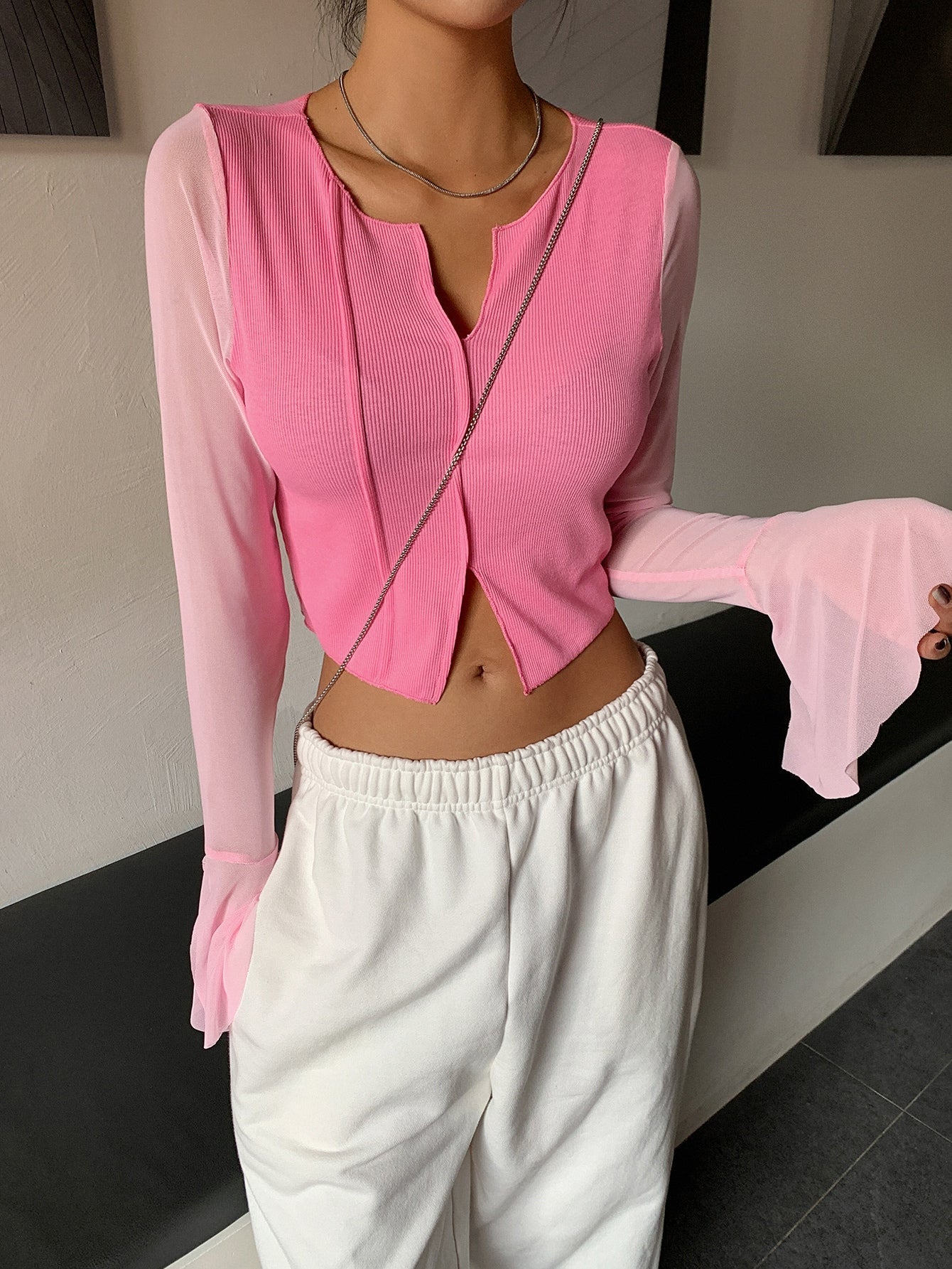 Buy SHEIN DAZY Notched Neckline Flounce Sleeve Crop Tee in Pakistan