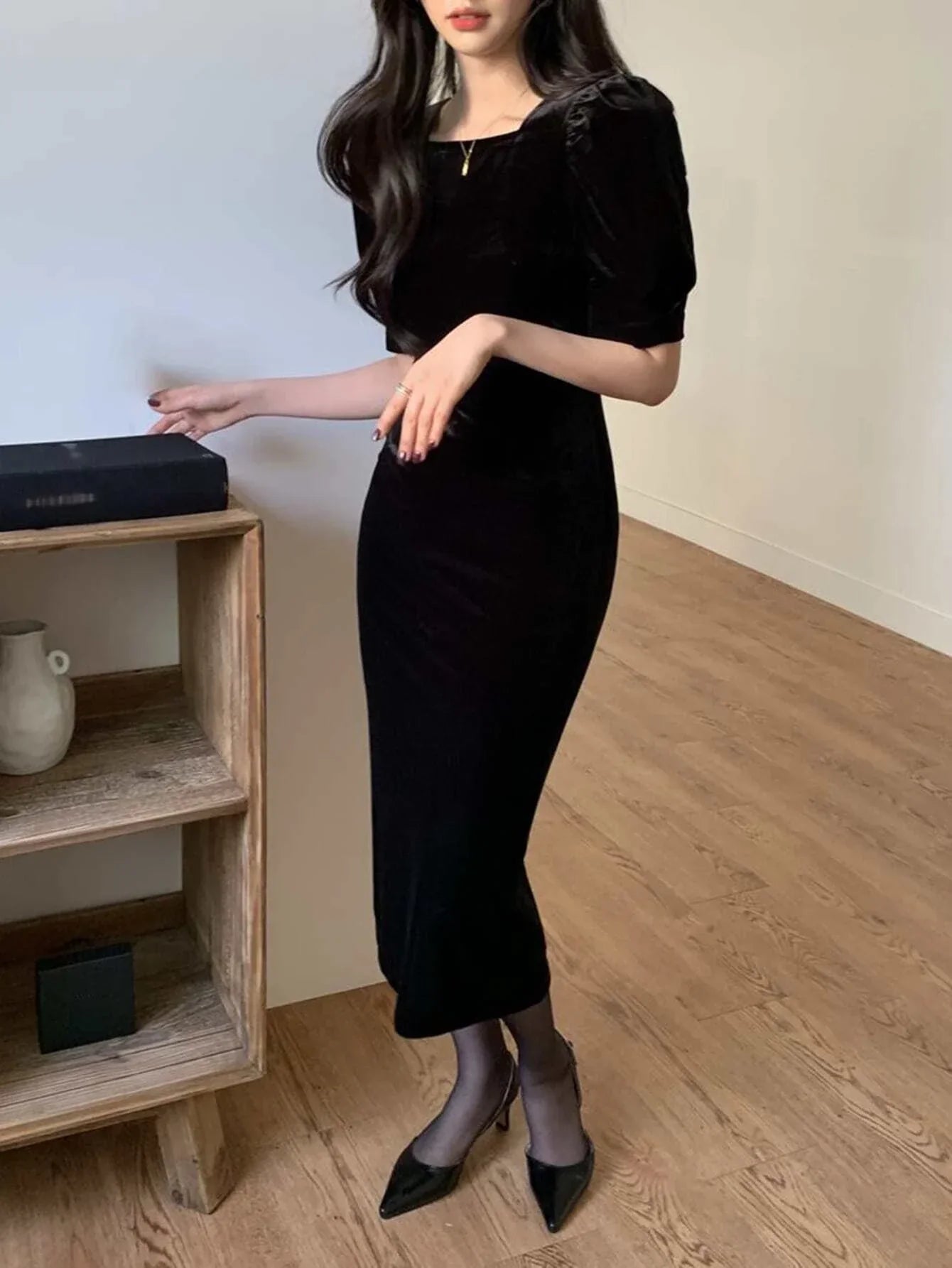 Buy SHEIN DAZY Puff Sleeve Velvet Dress in Pakistan