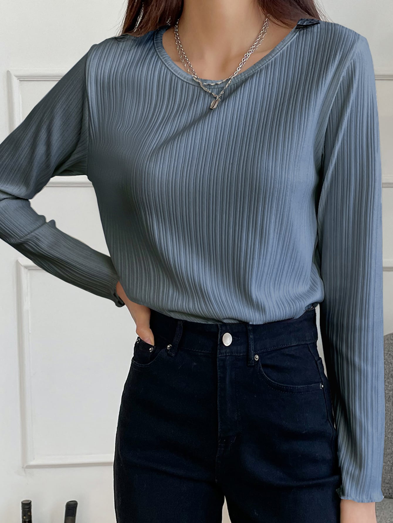 Buy SHEIN DAZY Ribbed Knit Lettuce Trim Tee in Pakistan