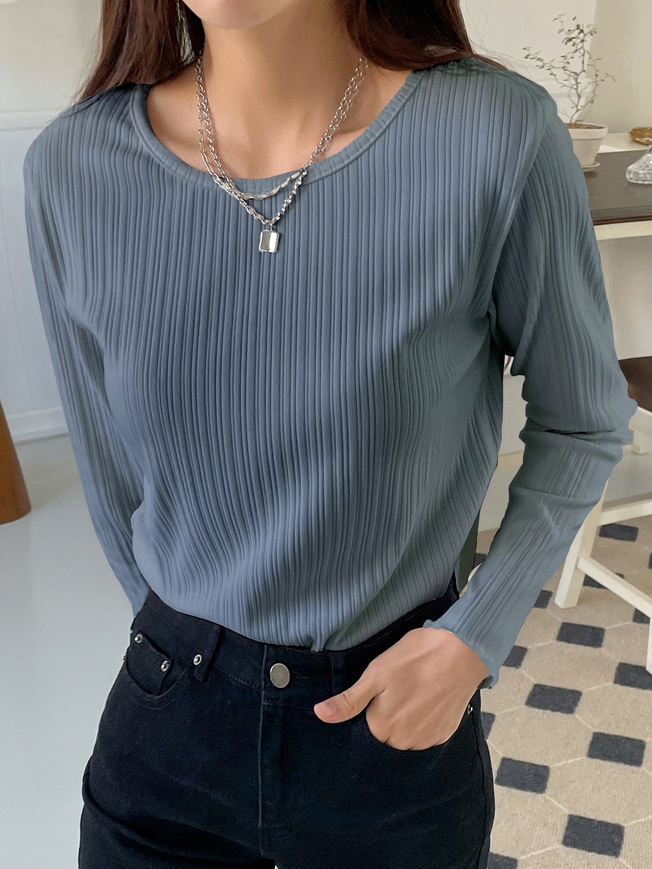 Buy SHEIN DAZY Ribbed Knit Lettuce Trim Tee in Pakistan