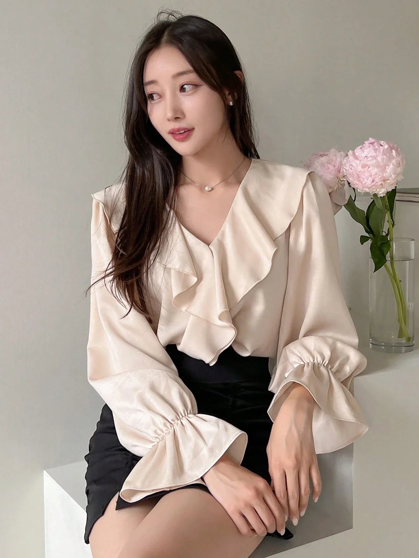 Buy SHEIN DAZY Ruffle Trim Flounce Sleeve Blouse in Pakistan