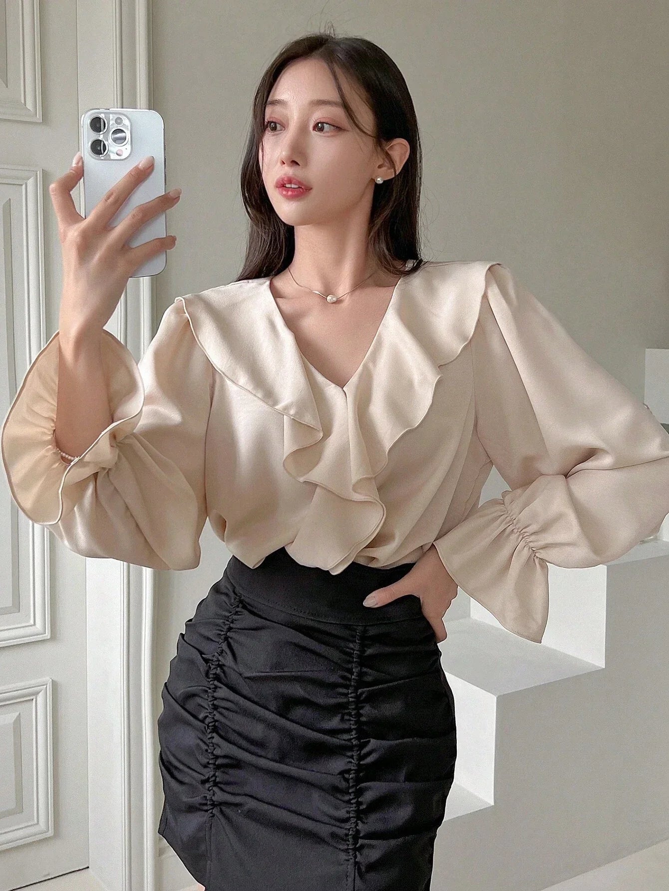 Buy SHEIN DAZY Ruffle Trim Flounce Sleeve Blouse in Pakistan