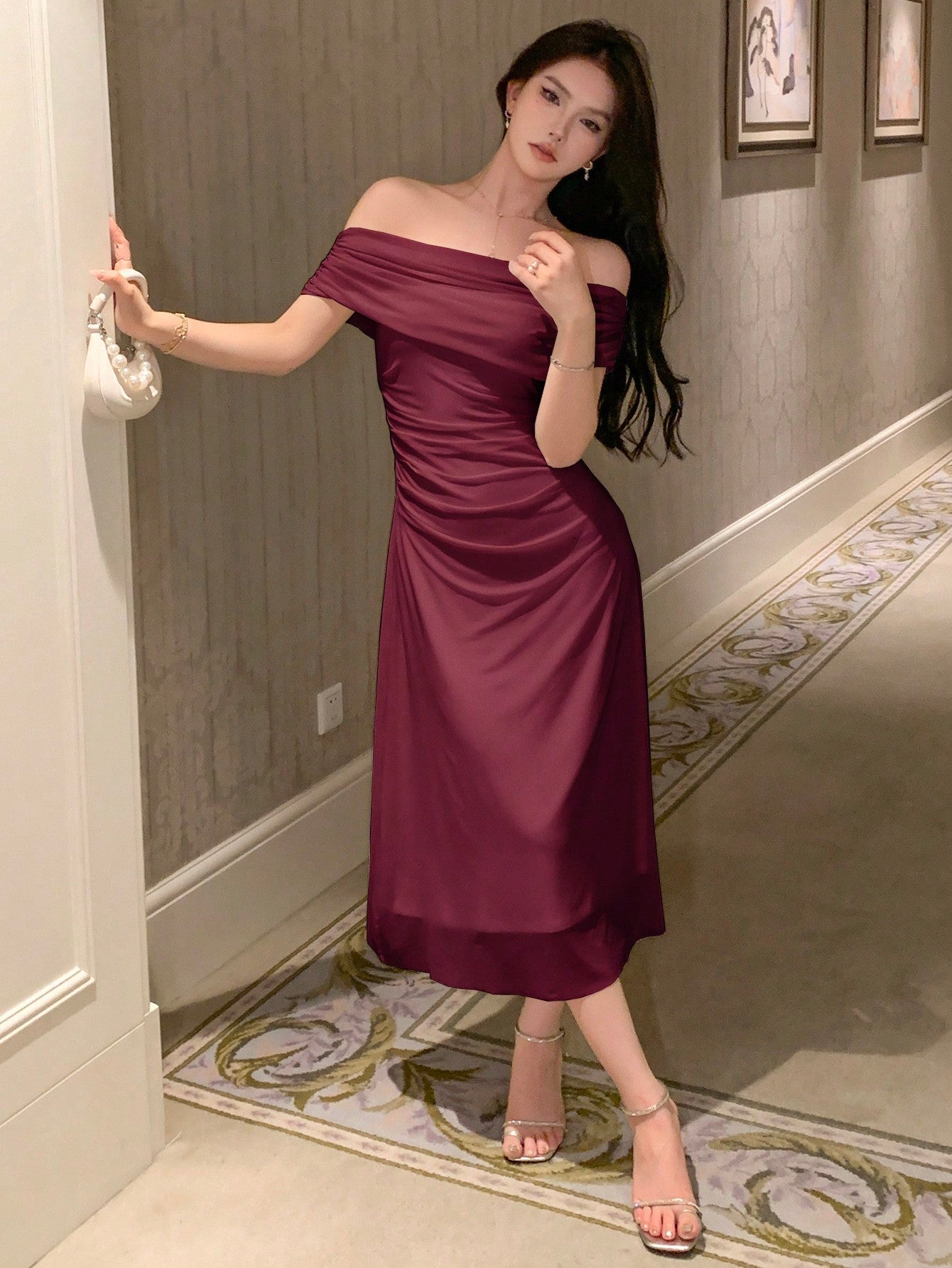 Buy SHEIN DAZY Solid Bardot Ruched Side Mesh Overlay Dress in Pakistan