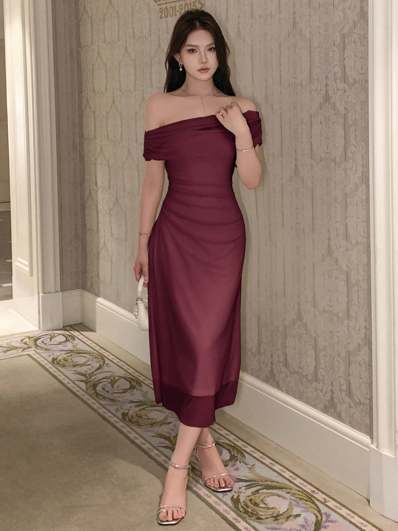 Buy SHEIN DAZY Solid Bardot Ruched Side Mesh Overlay Dress in Pakistan