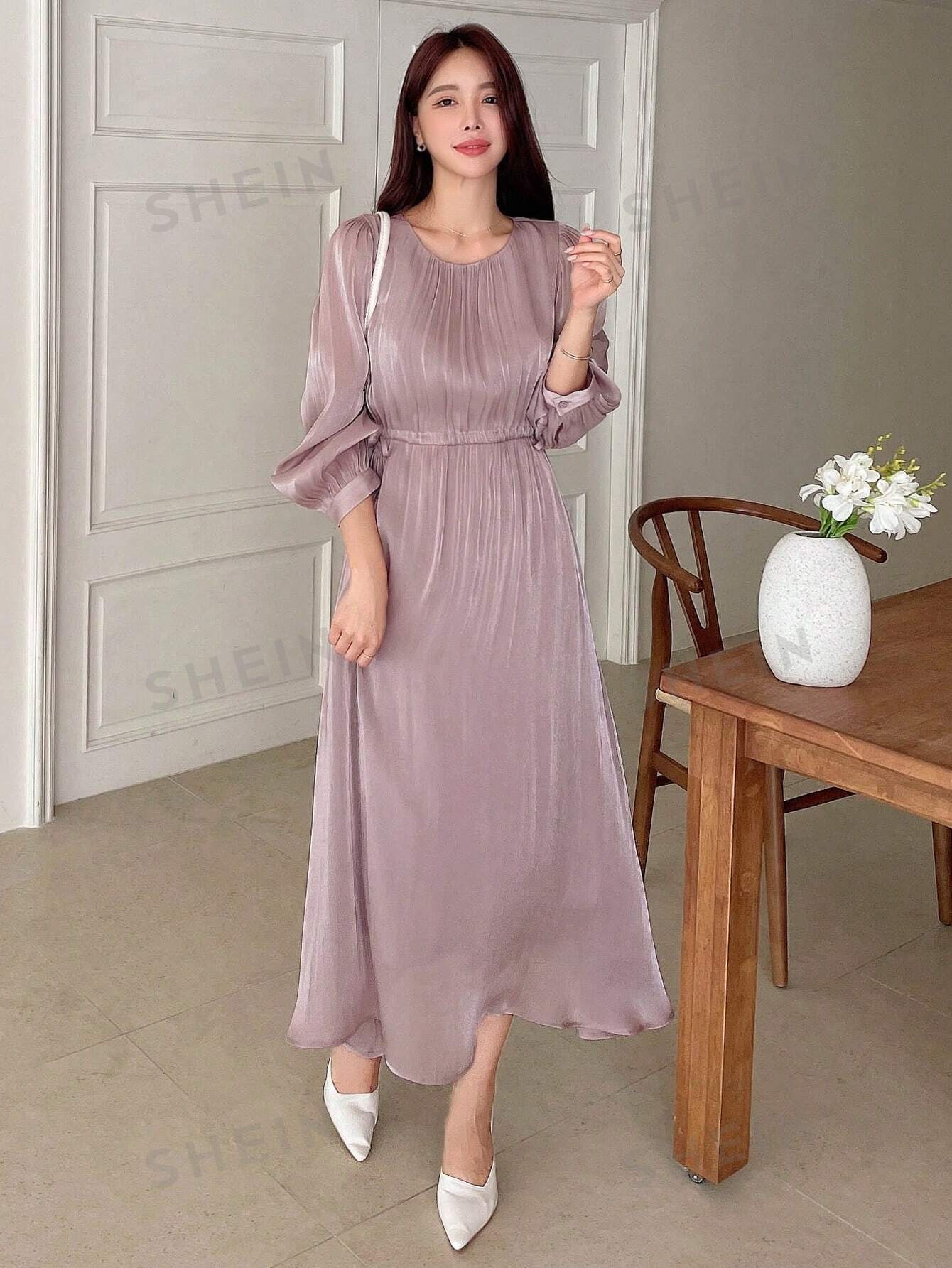 Buy SHEIN DAZY Solid Bishop Sleeve A-line Dress in Pakistan