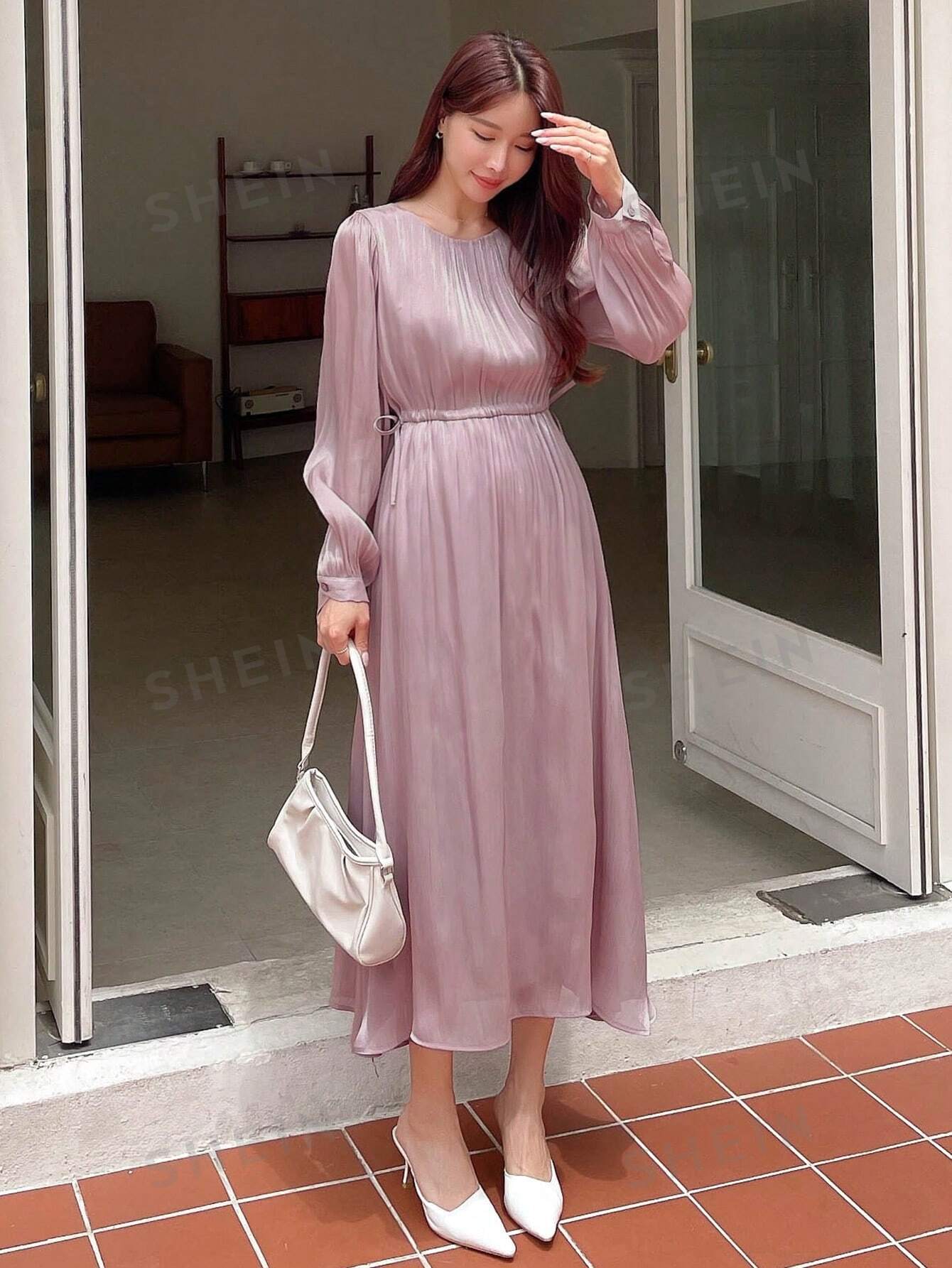 Buy SHEIN DAZY Solid Bishop Sleeve A-line Dress in Pakistan