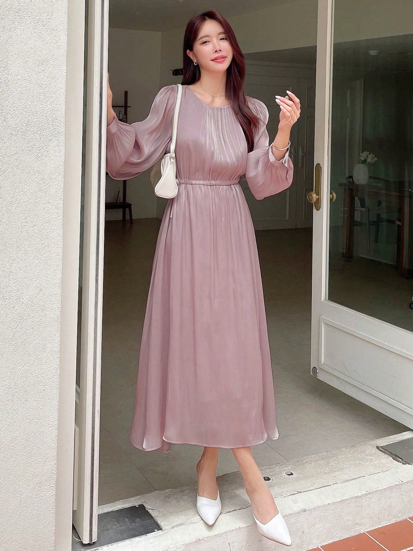 Buy SHEIN DAZY Solid Bishop Sleeve A-line Dress in Pakistan