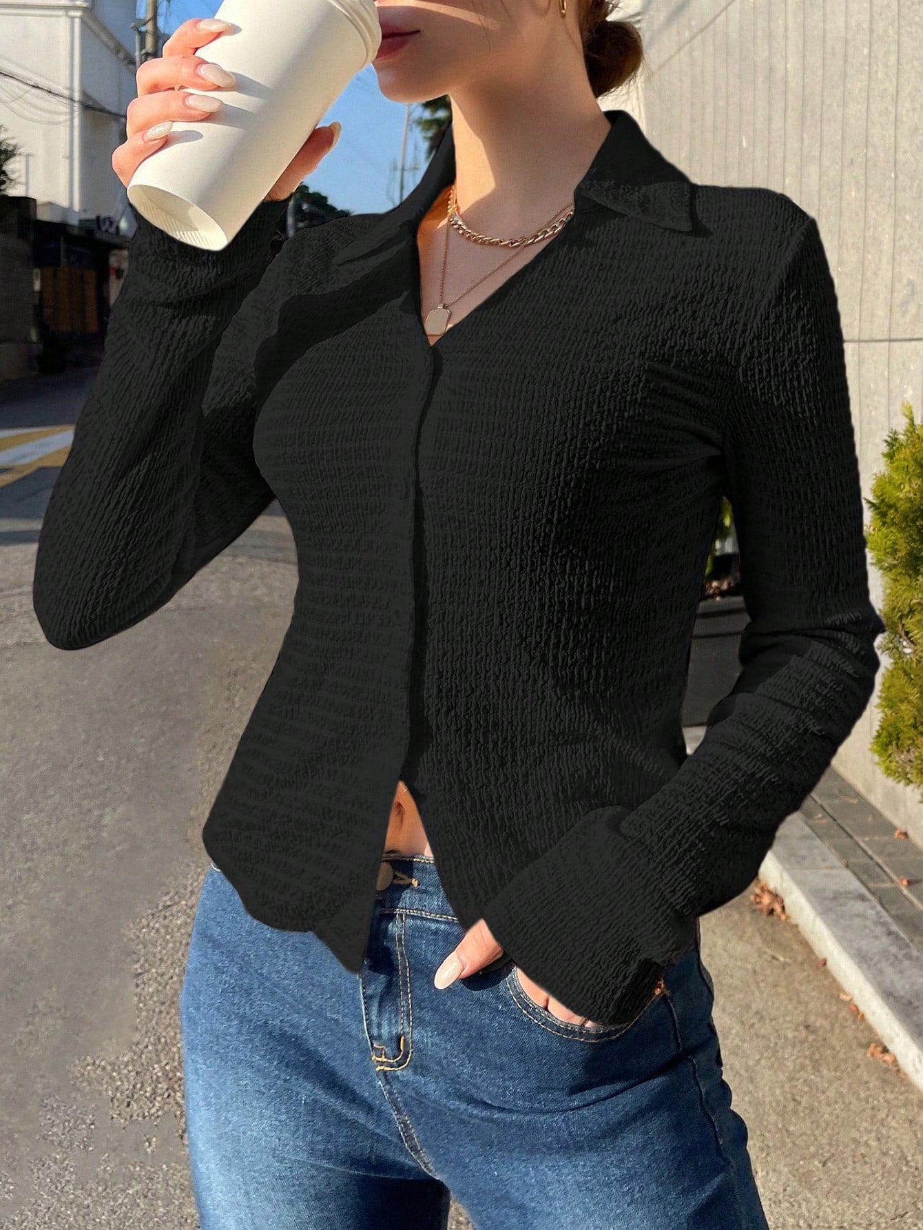 Buy SHEIN DAZY Solid Button Front Shirt in Pakistan