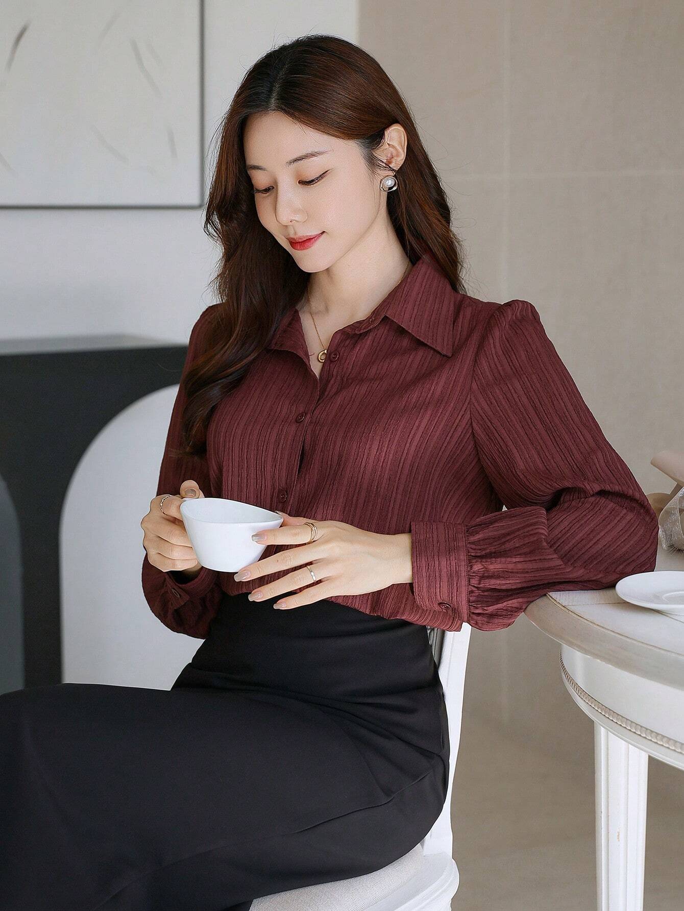 Buy SHEIN DAZY Solid Color Textured Long Sleeve Women's Button-Down Casual Loose Shirt in Pakistan