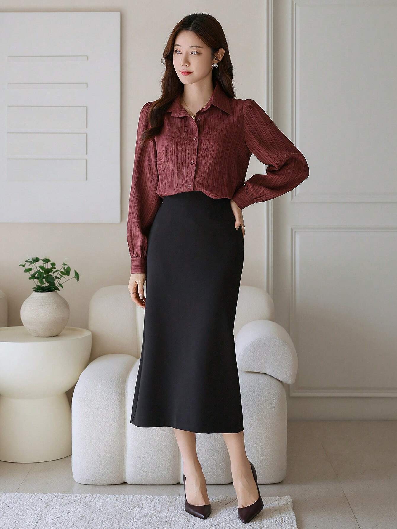 Buy SHEIN DAZY Solid Color Textured Long Sleeve Women's Button-Down Casual Loose Shirt in Pakistan