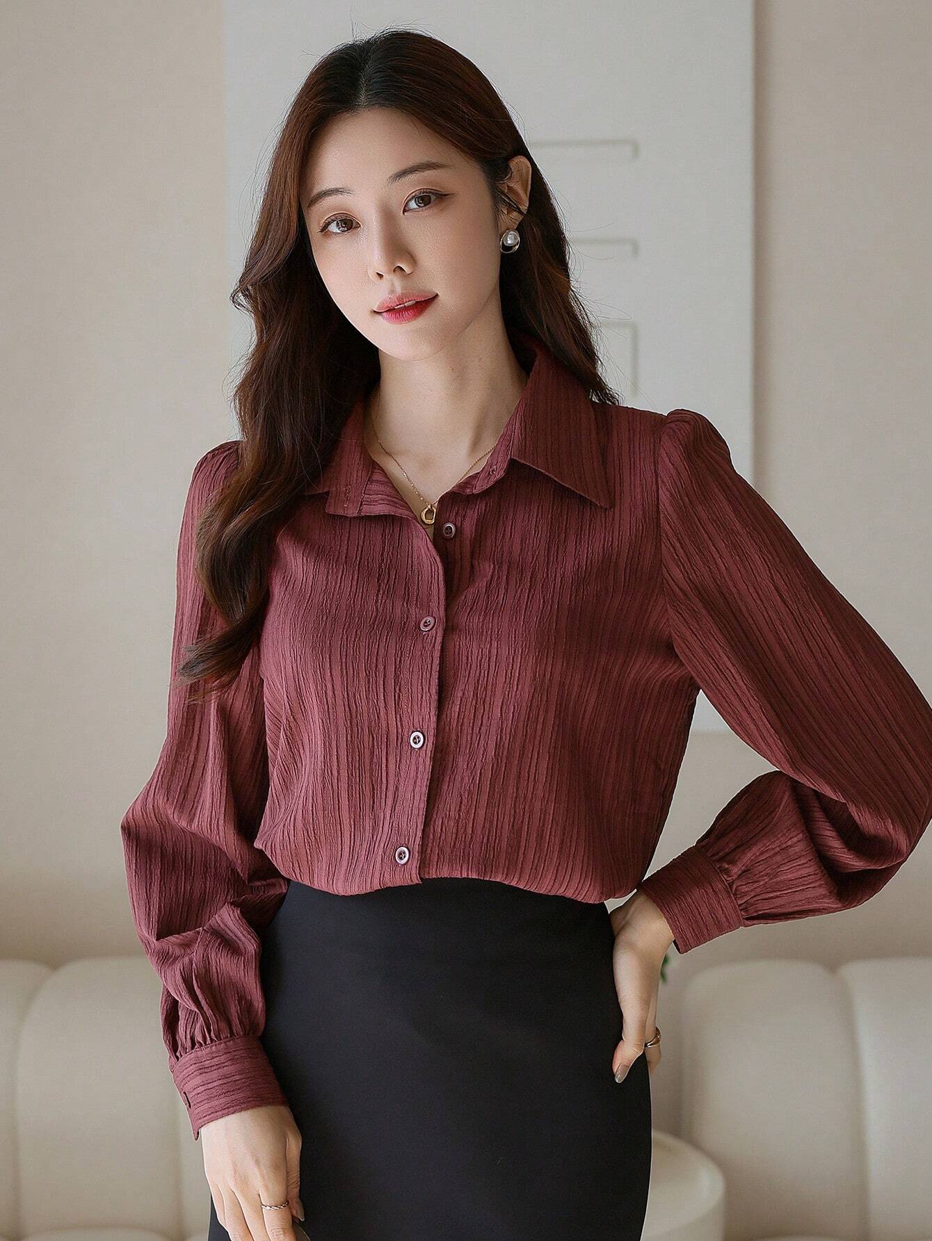 Buy SHEIN DAZY Solid Color Textured Long Sleeve Women's Button-Down Casual Loose Shirt in Pakistan