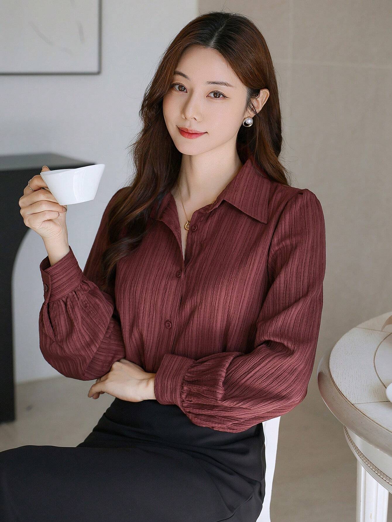 Buy SHEIN DAZY Solid Color Textured Long Sleeve Women's Button-Down Casual Loose Shirt in Pakistan