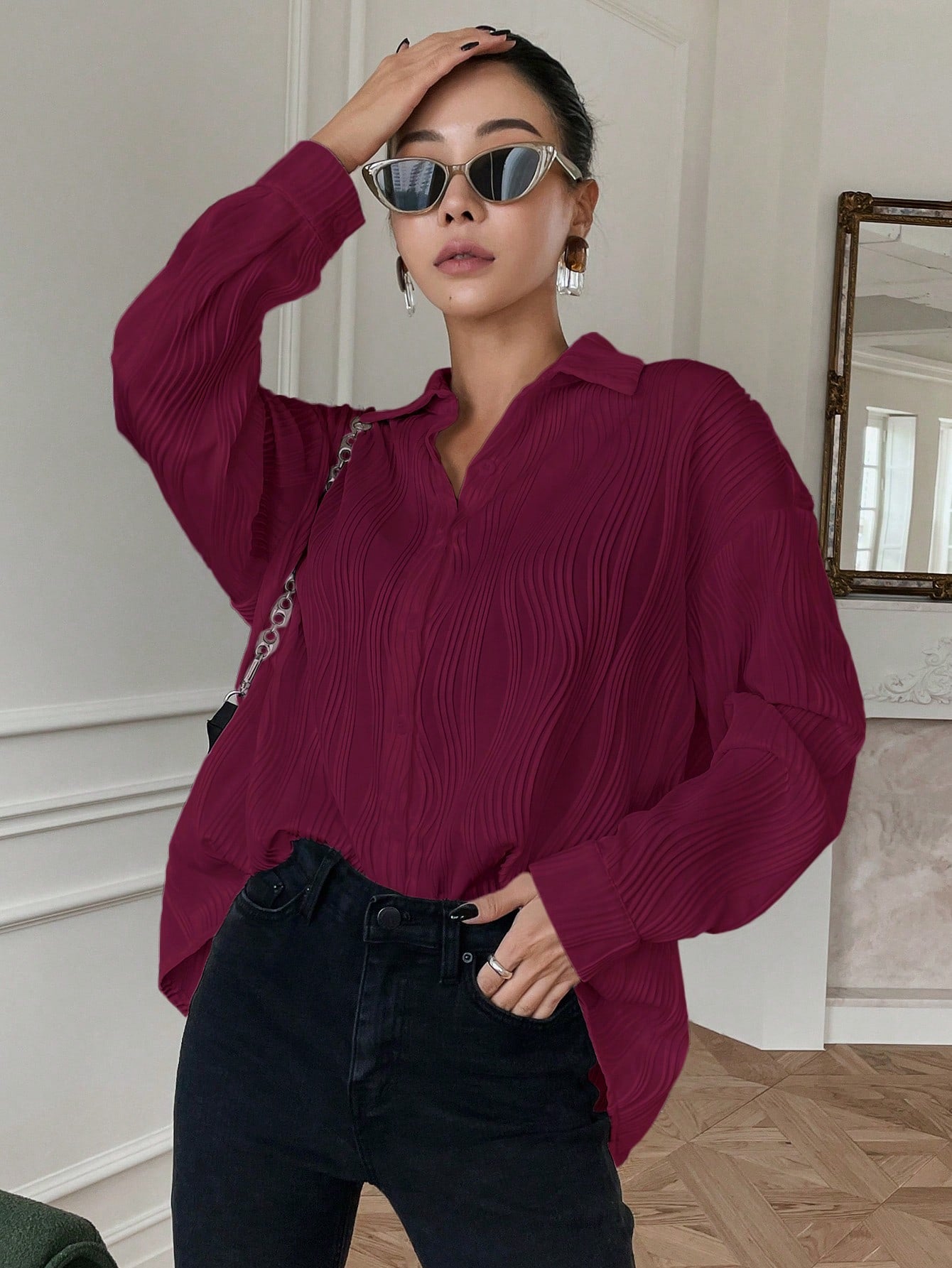 Buy SHEIN DAZY Solid Drop Shoulder Button Front Shirt in Pakistan