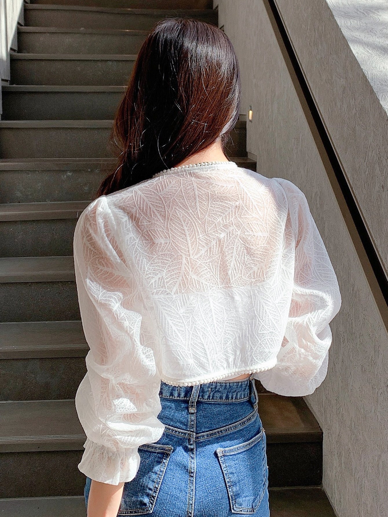 Buy SHEIN DAZY Solid Flounce Sleeve Crop Blouse in Pakistan