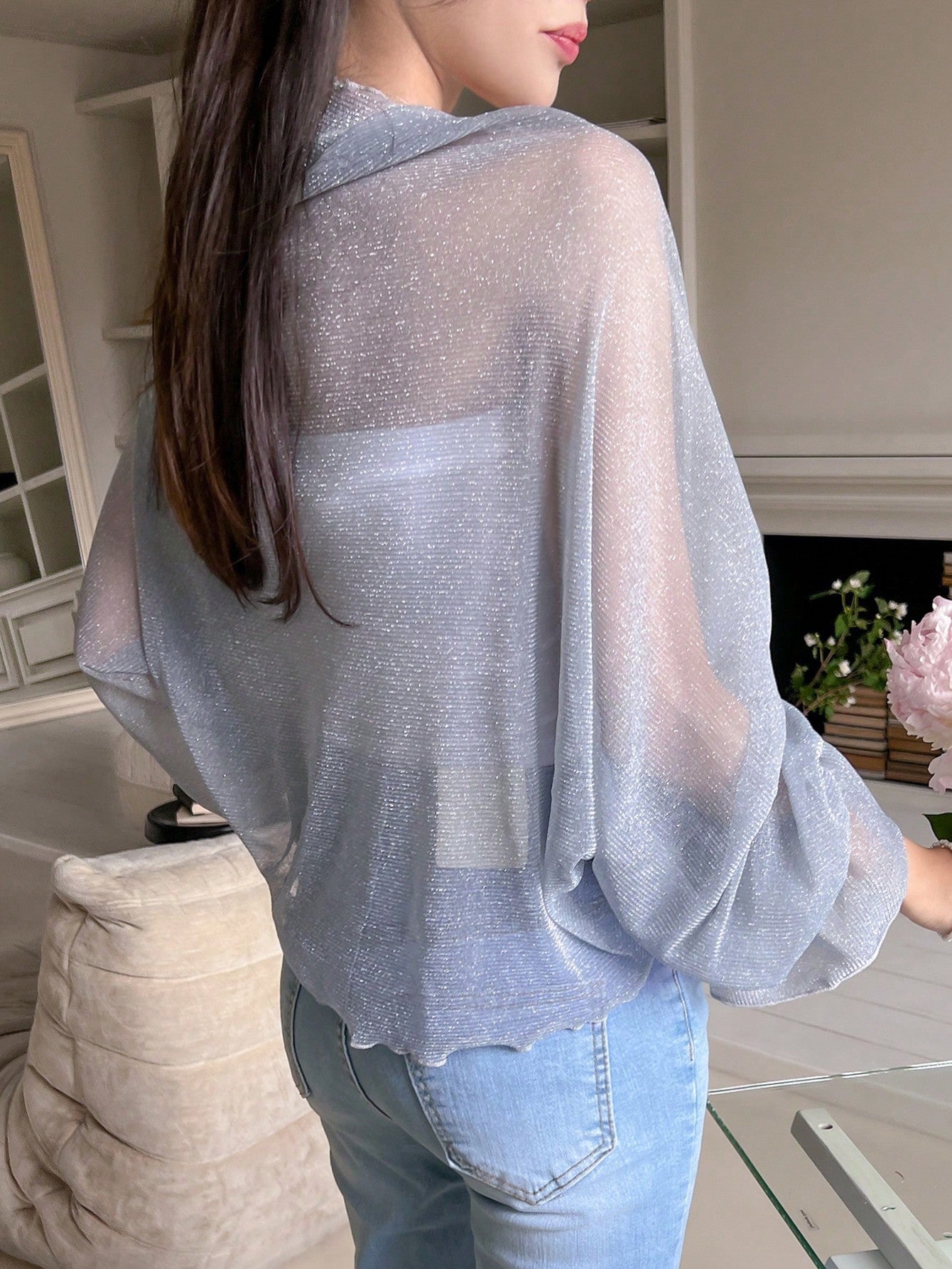 Buy SHEIN DAZY Solid Open Front Flare Sleeve Top Without Tube Top in Pakistan