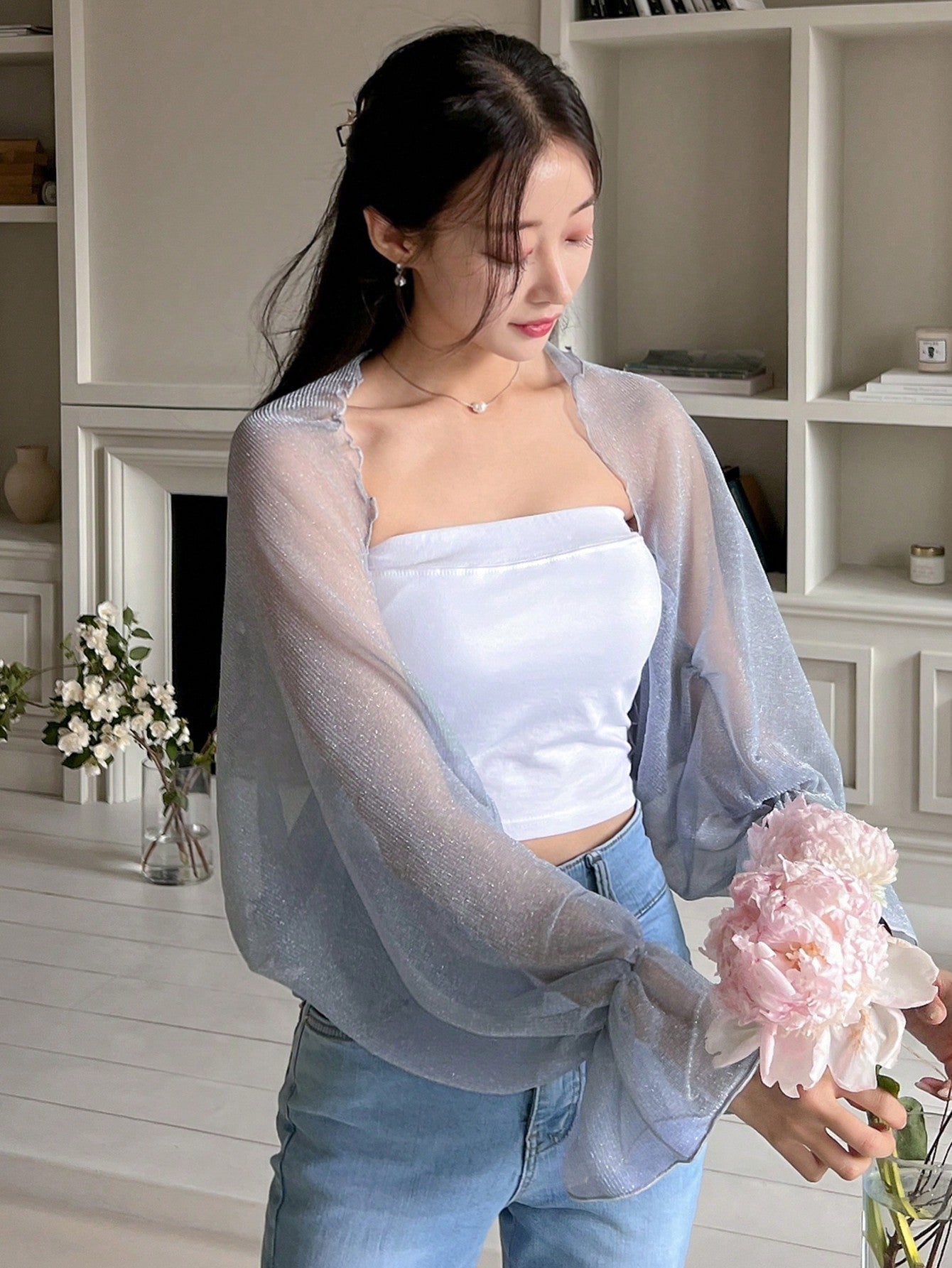 Buy SHEIN DAZY Solid Open Front Flare Sleeve Top Without Tube Top in Pakistan