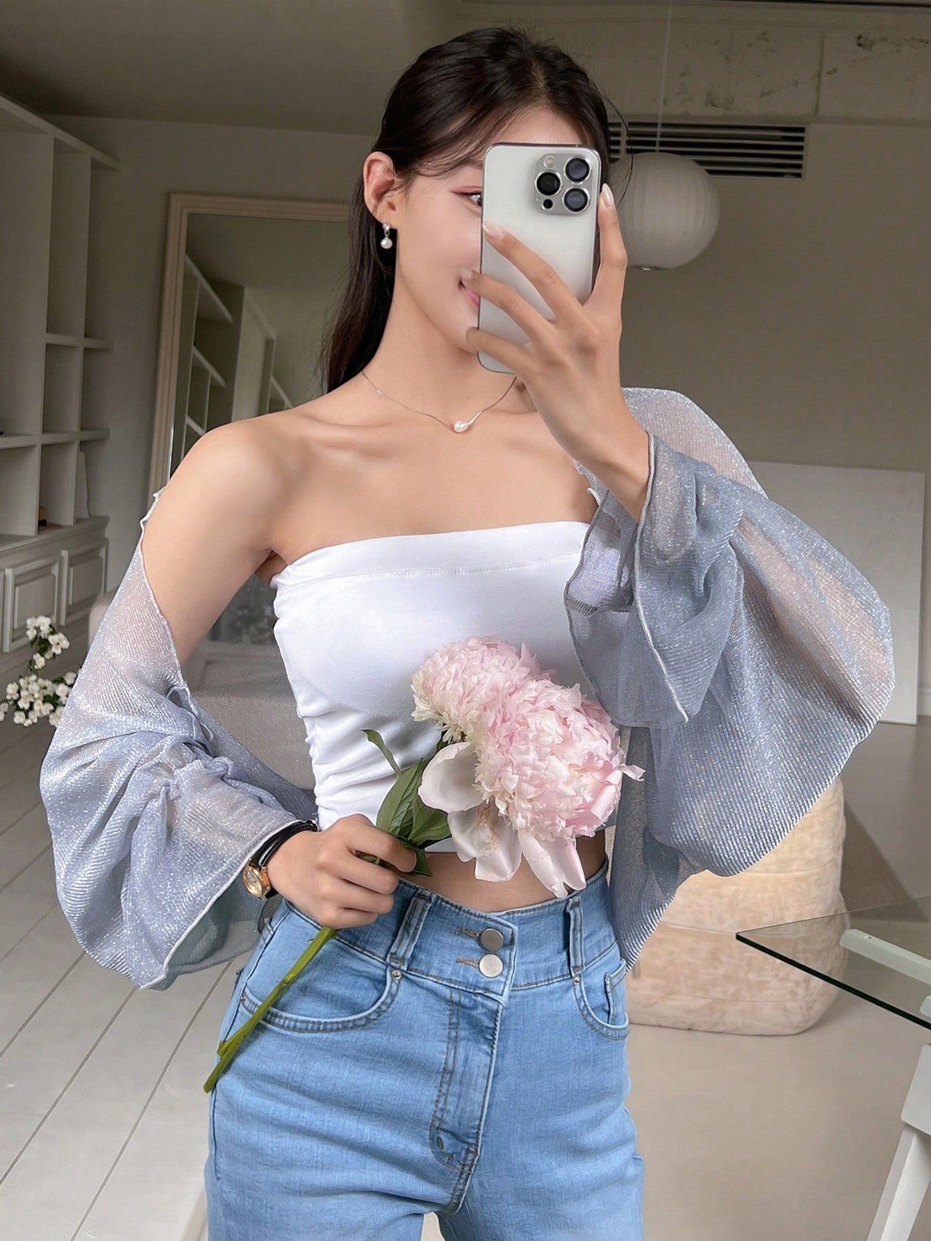 Buy SHEIN DAZY Solid Open Front Flare Sleeve Top Without Tube Top in Pakistan