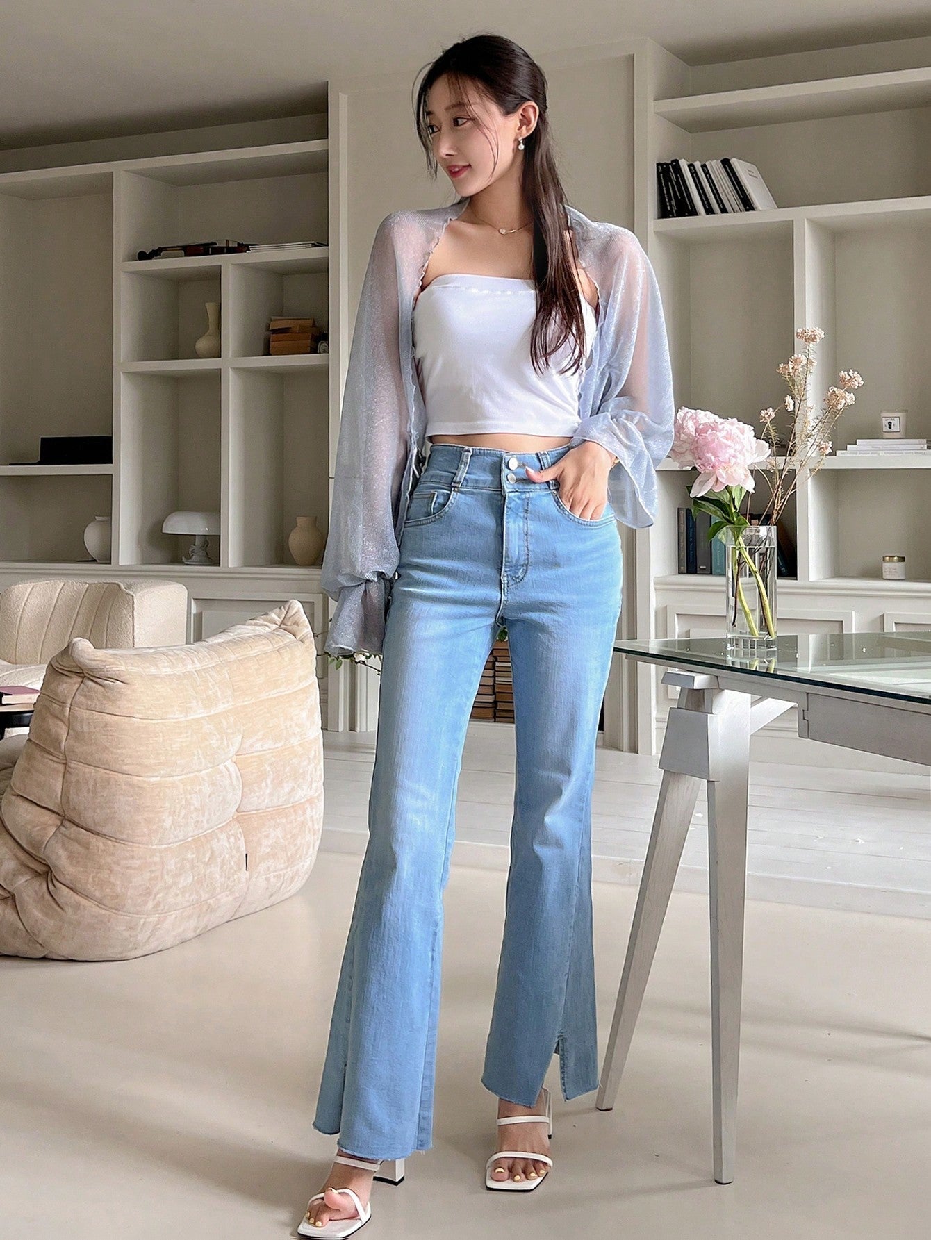 Buy SHEIN DAZY Solid Open Front Flare Sleeve Top Without Tube Top in Pakistan