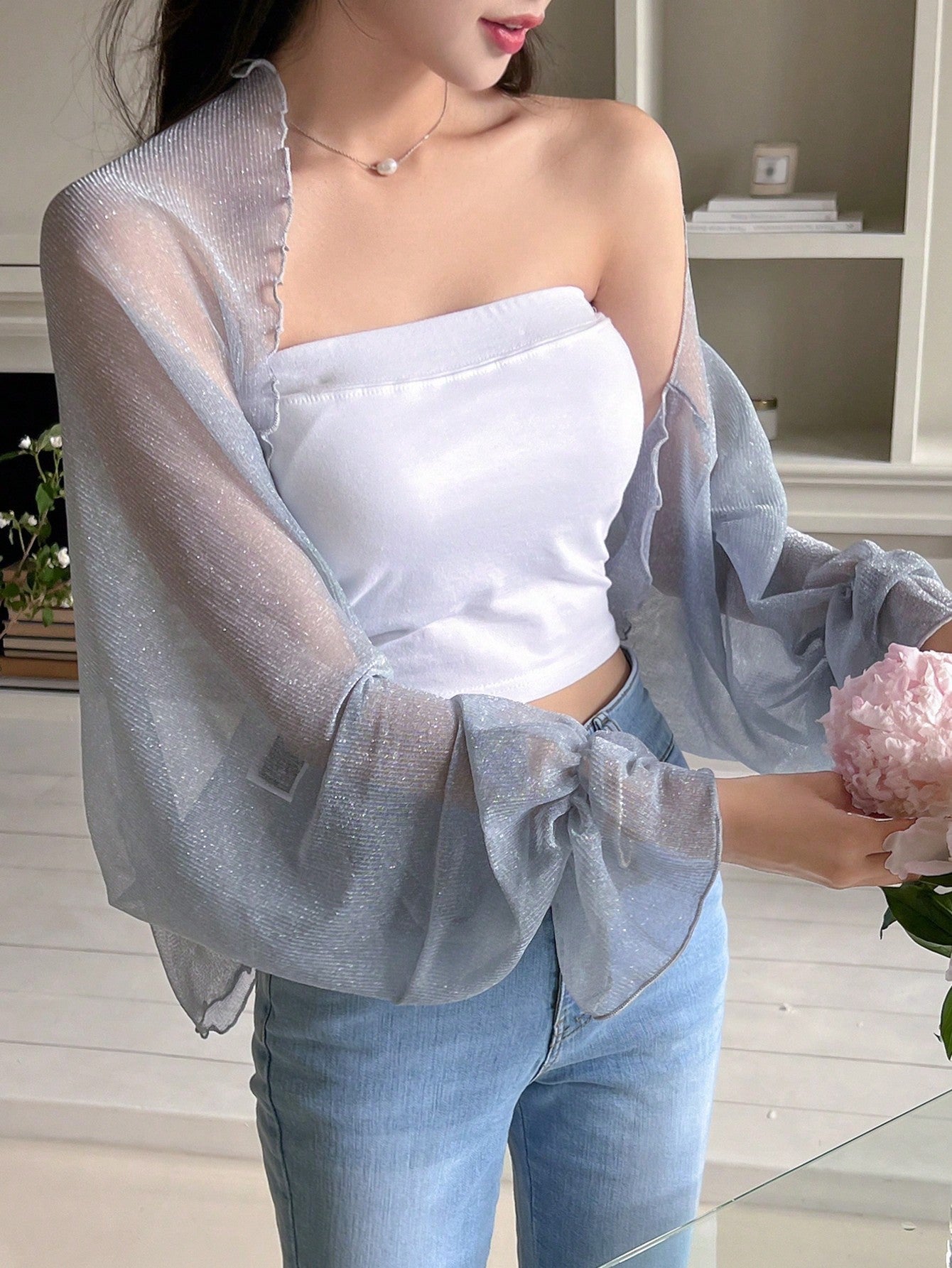 Buy SHEIN DAZY Solid Open Front Flare Sleeve Top Without Tube Top in Pakistan