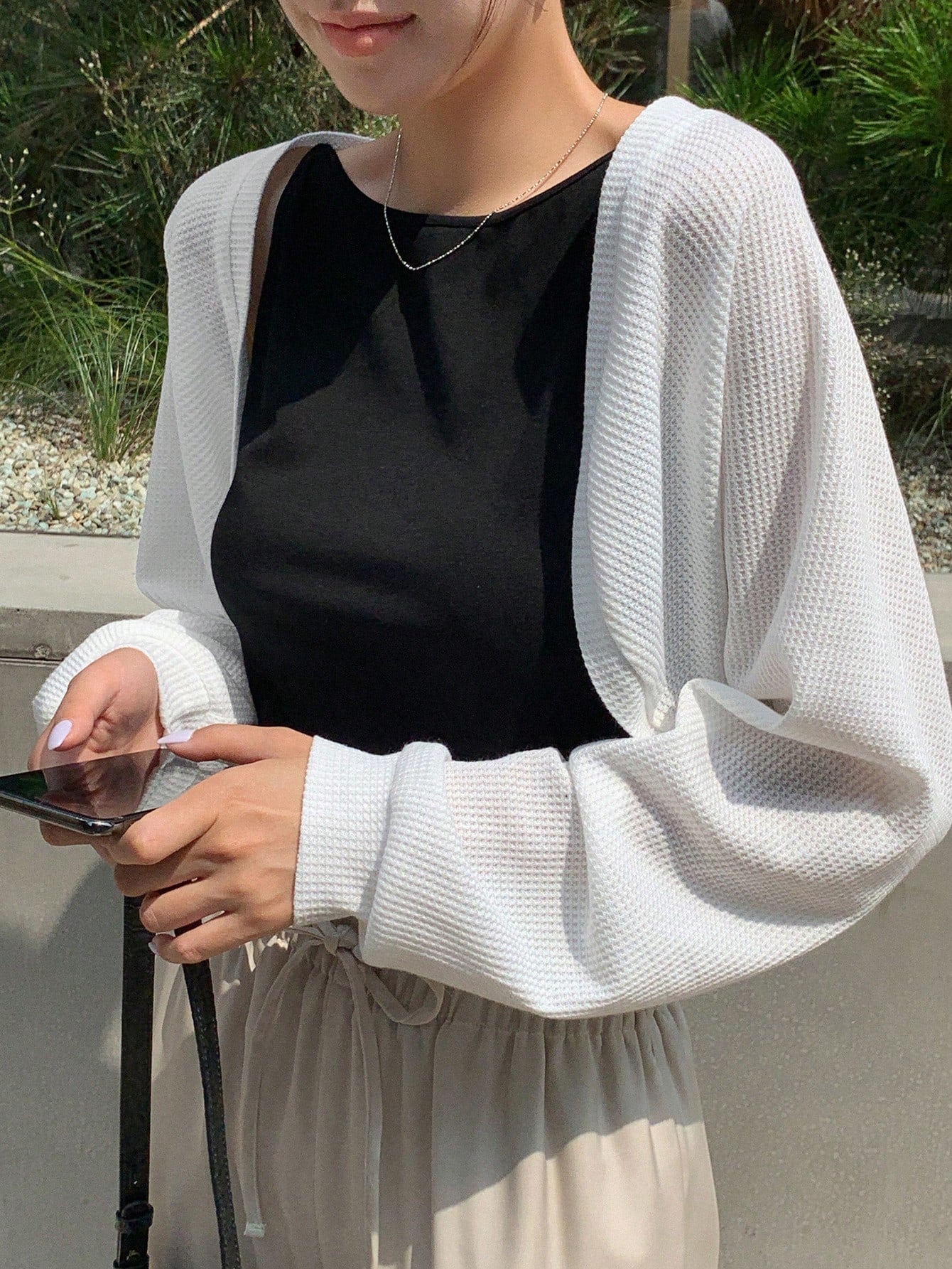 Buy SHEIN DAZY Solid Open Front Waffle Knit Crop Jacket in Pakistan