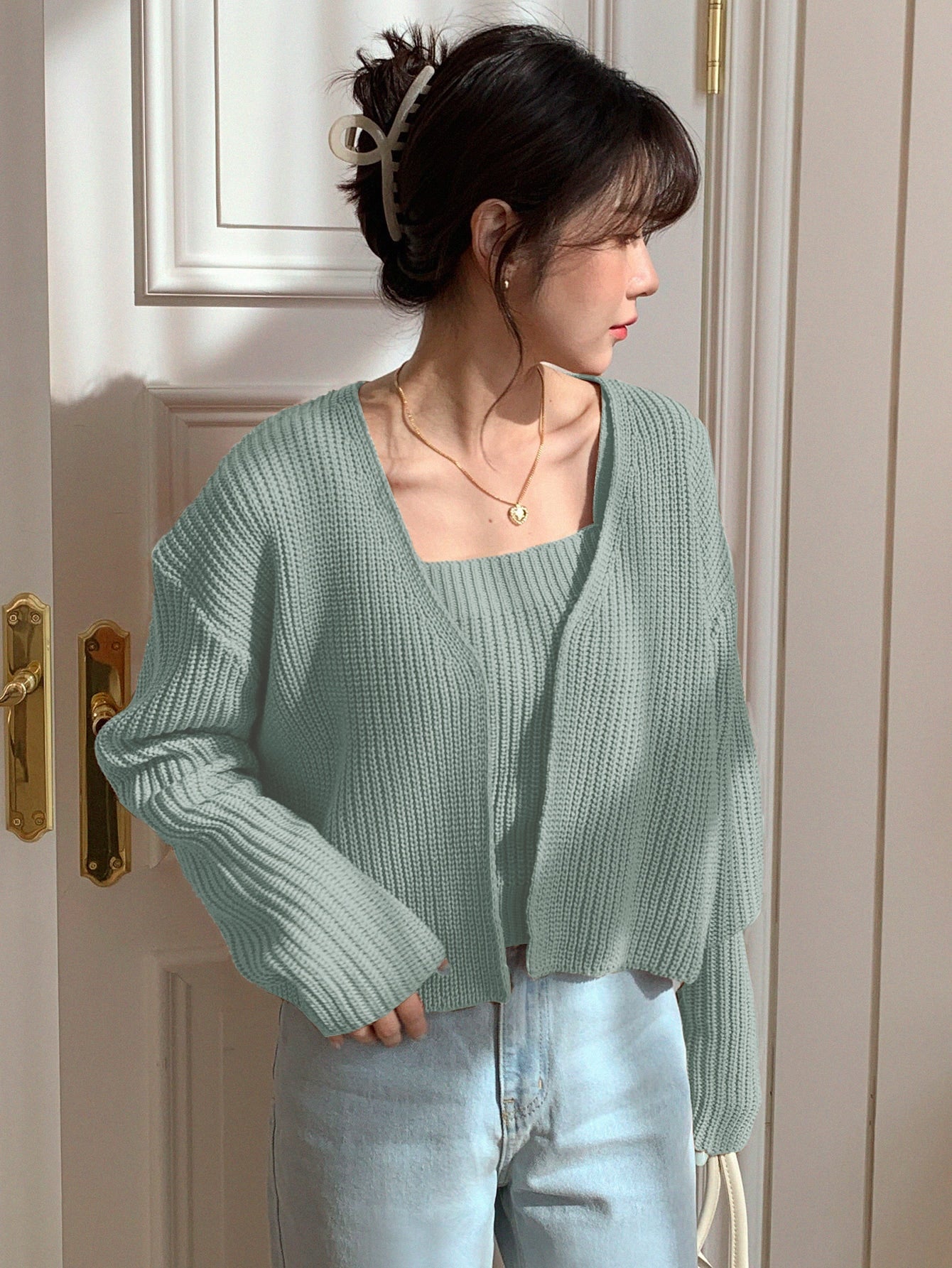 Buy SHEIN DAZY Solid Ribbed Cami Knit Top & Drop Shoulder Duster Cardigan in Pakistan