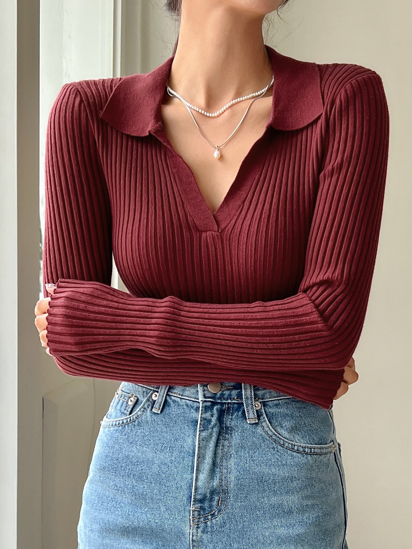 Buy SHEIN DAZY Solid Ribbed Knit Sweater in Pakistan