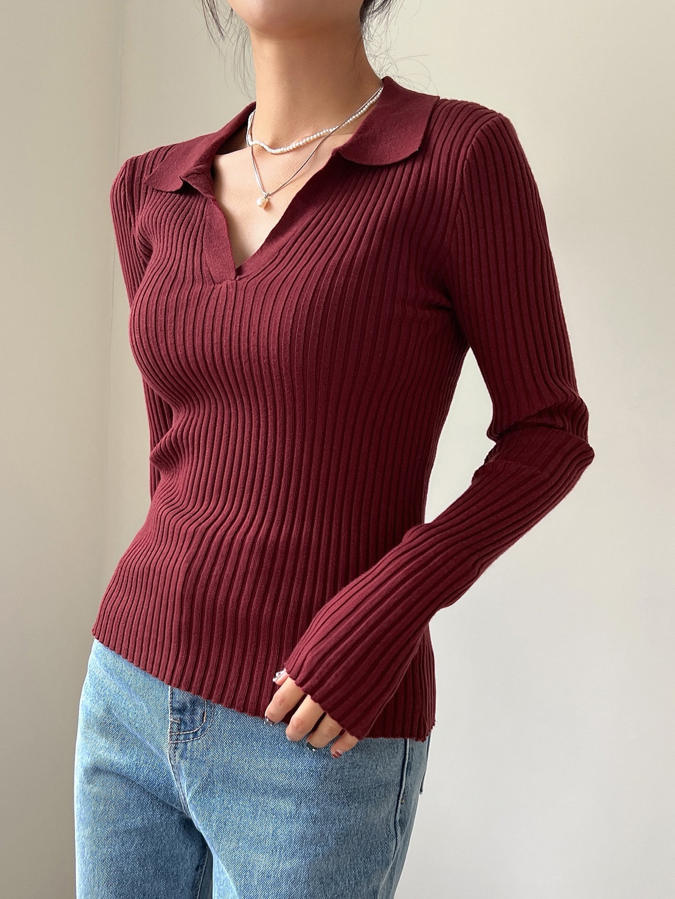 Buy SHEIN DAZY Solid Ribbed Knit Sweater in Pakistan