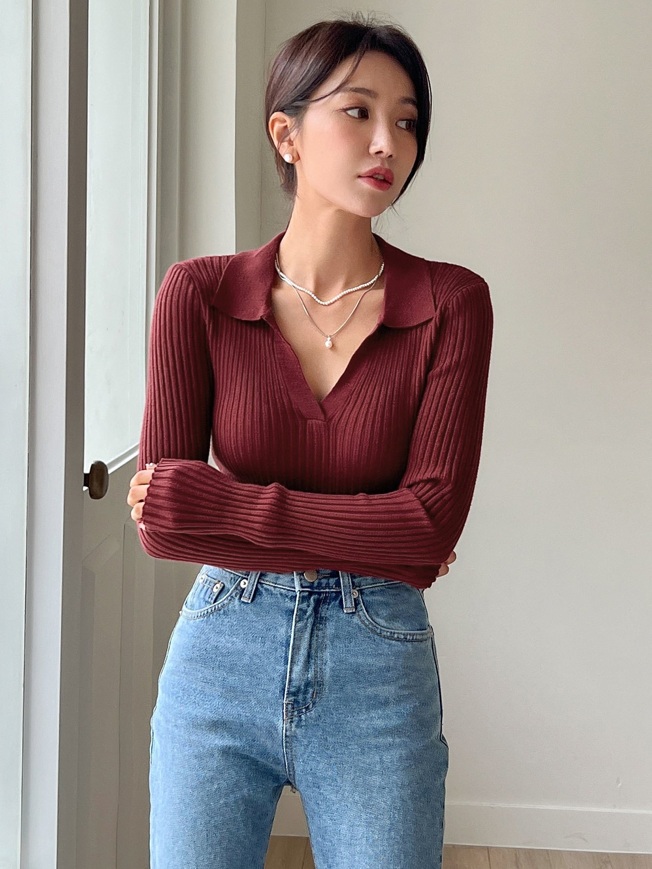 Buy SHEIN DAZY Solid Ribbed Knit Sweater in Pakistan