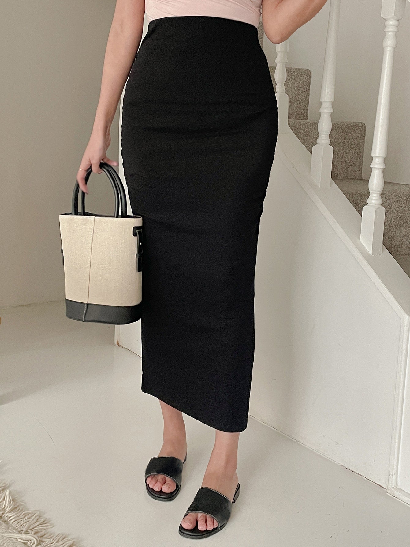 Buy SHEIN DAZY Solid Ruched Split Side Skirt in Pakistan