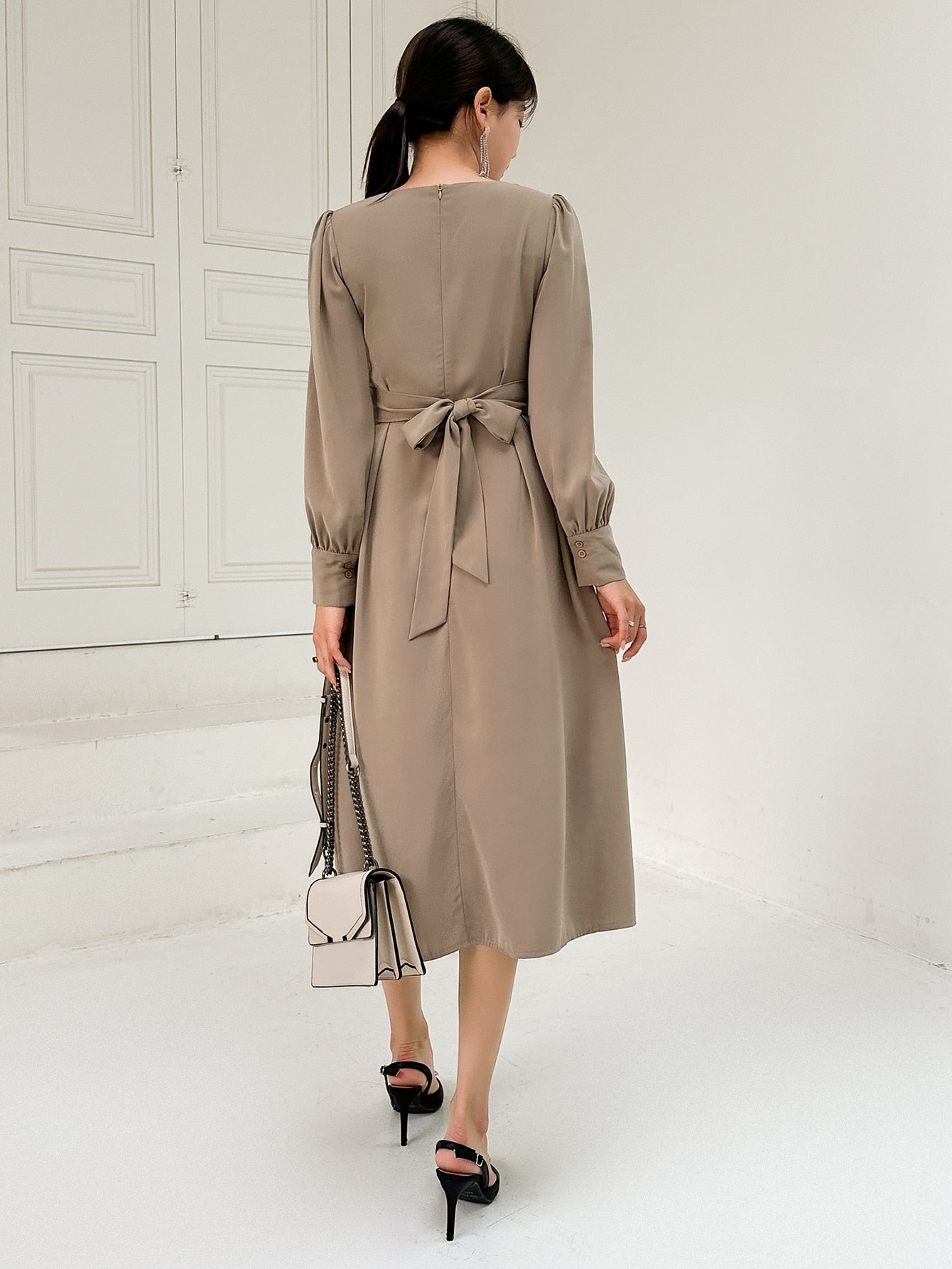 Buy SHEIN DAZY Square Neck Puff Sleeve Fold Pleated Detail Tie Back Dress in Pakistan