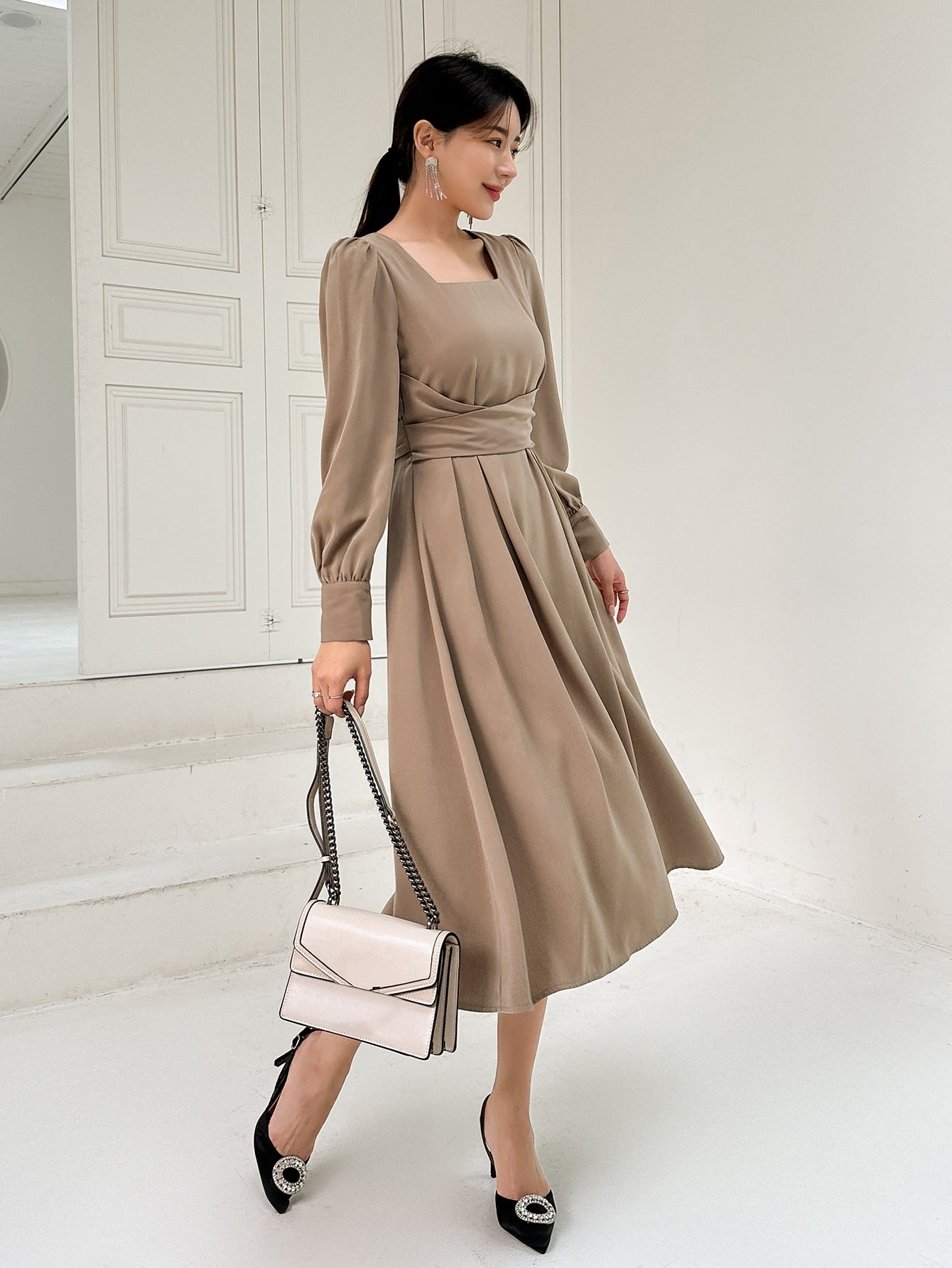 Buy SHEIN DAZY Square Neck Puff Sleeve Fold Pleated Detail Tie Back Dress in Pakistan