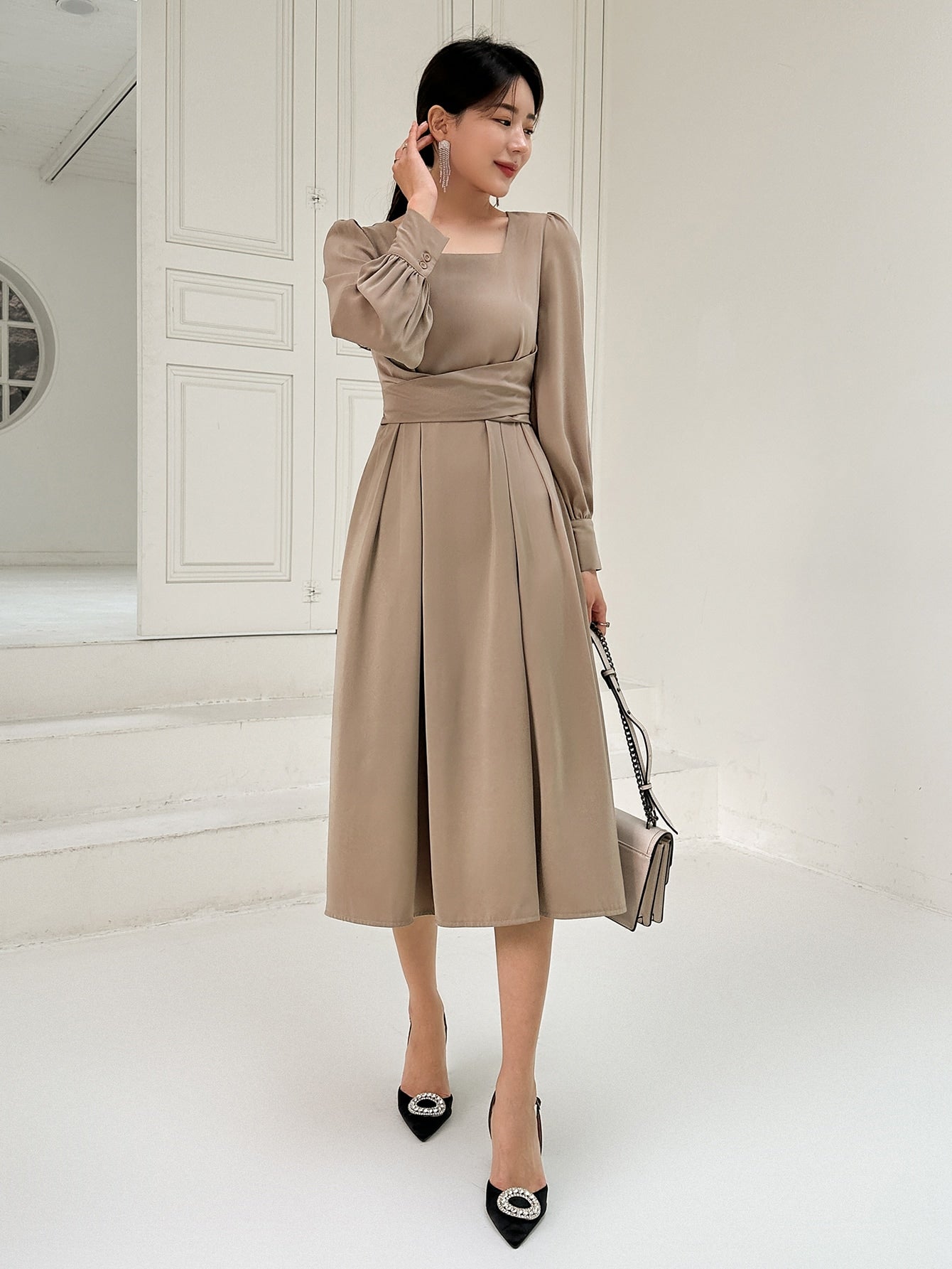 Buy SHEIN DAZY Square Neck Puff Sleeve Fold Pleated Detail Tie Back Dress in Pakistan