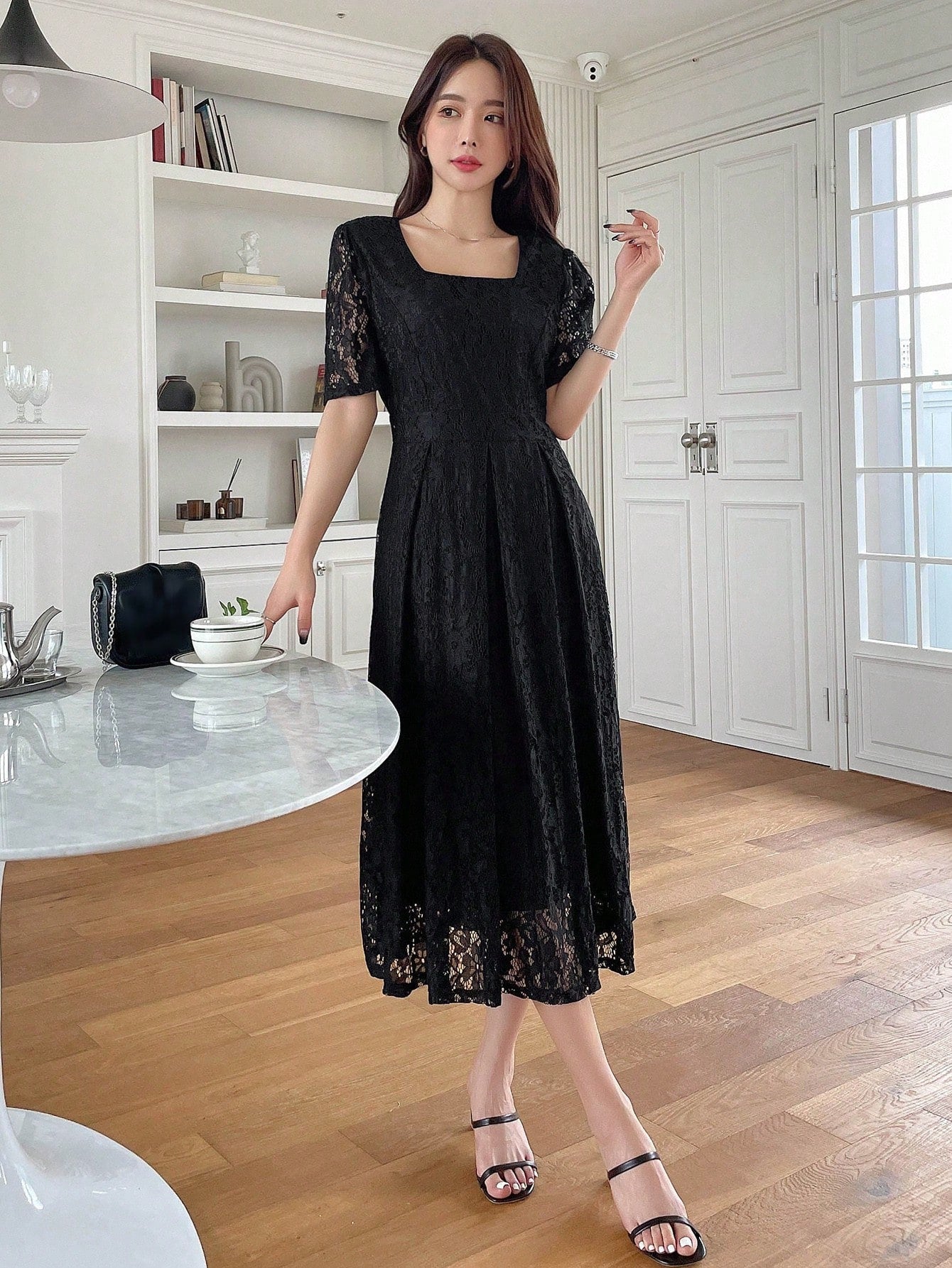 Buy SHEIN DAZY Square Neck Puff Sleeve Lace Overlay Dress in Pakistan