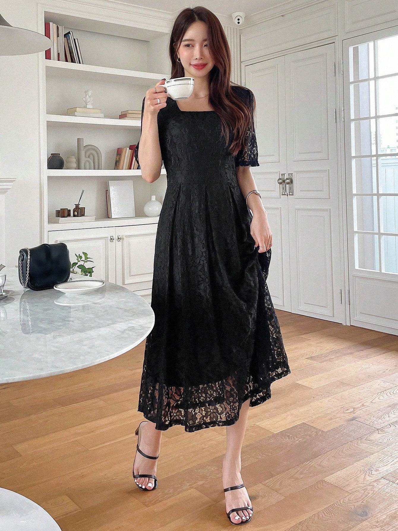 Buy SHEIN DAZY Square Neck Puff Sleeve Lace Overlay Dress in Pakistan