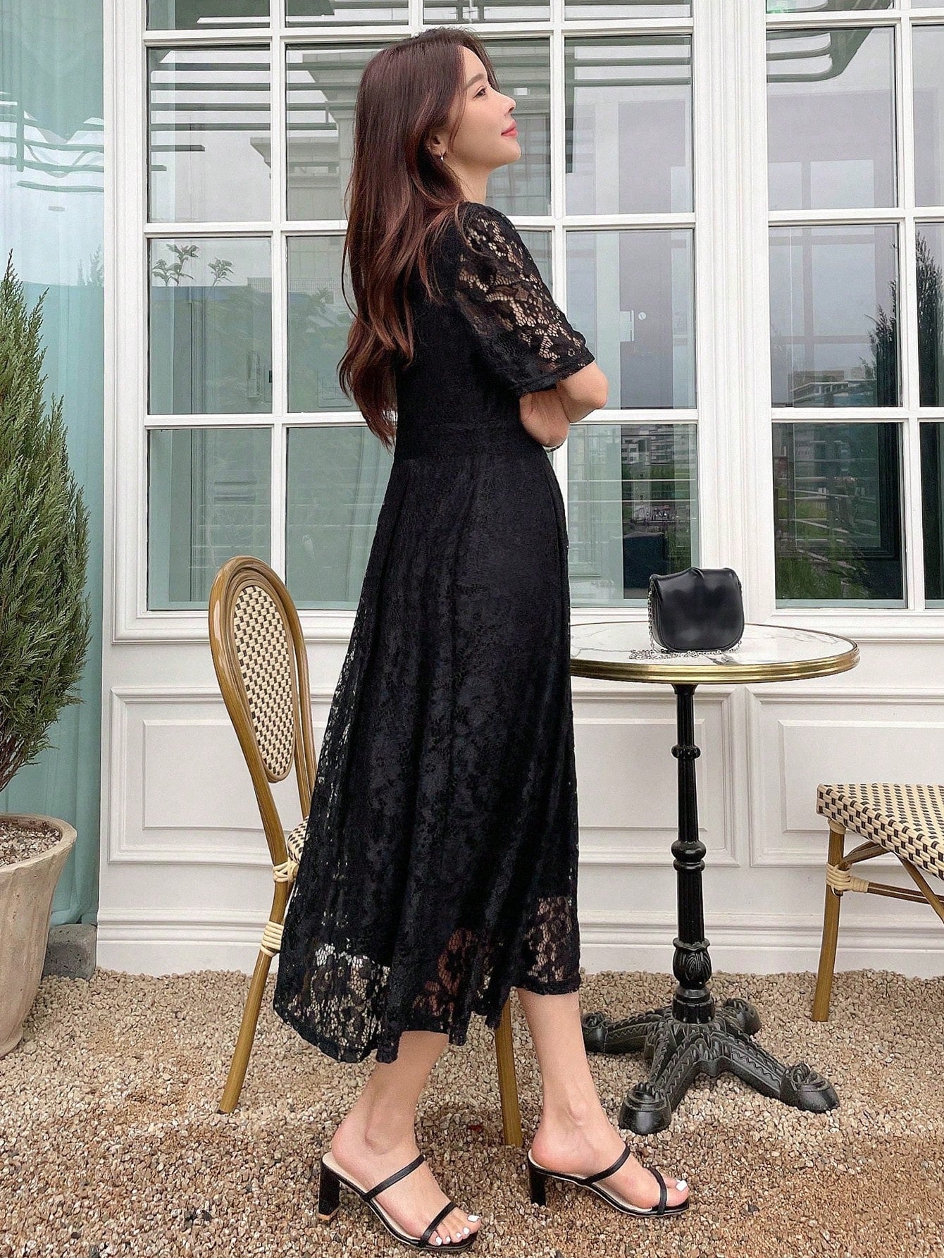 Buy SHEIN DAZY Square Neck Puff Sleeve Lace Overlay Dress in Pakistan
