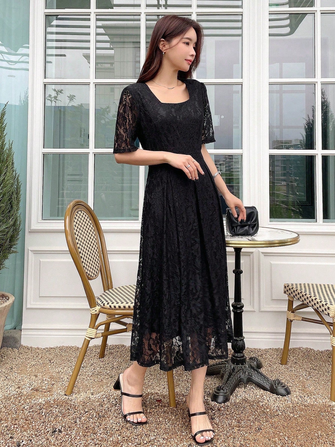 Buy SHEIN DAZY Square Neck Puff Sleeve Lace Overlay Dress in Pakistan