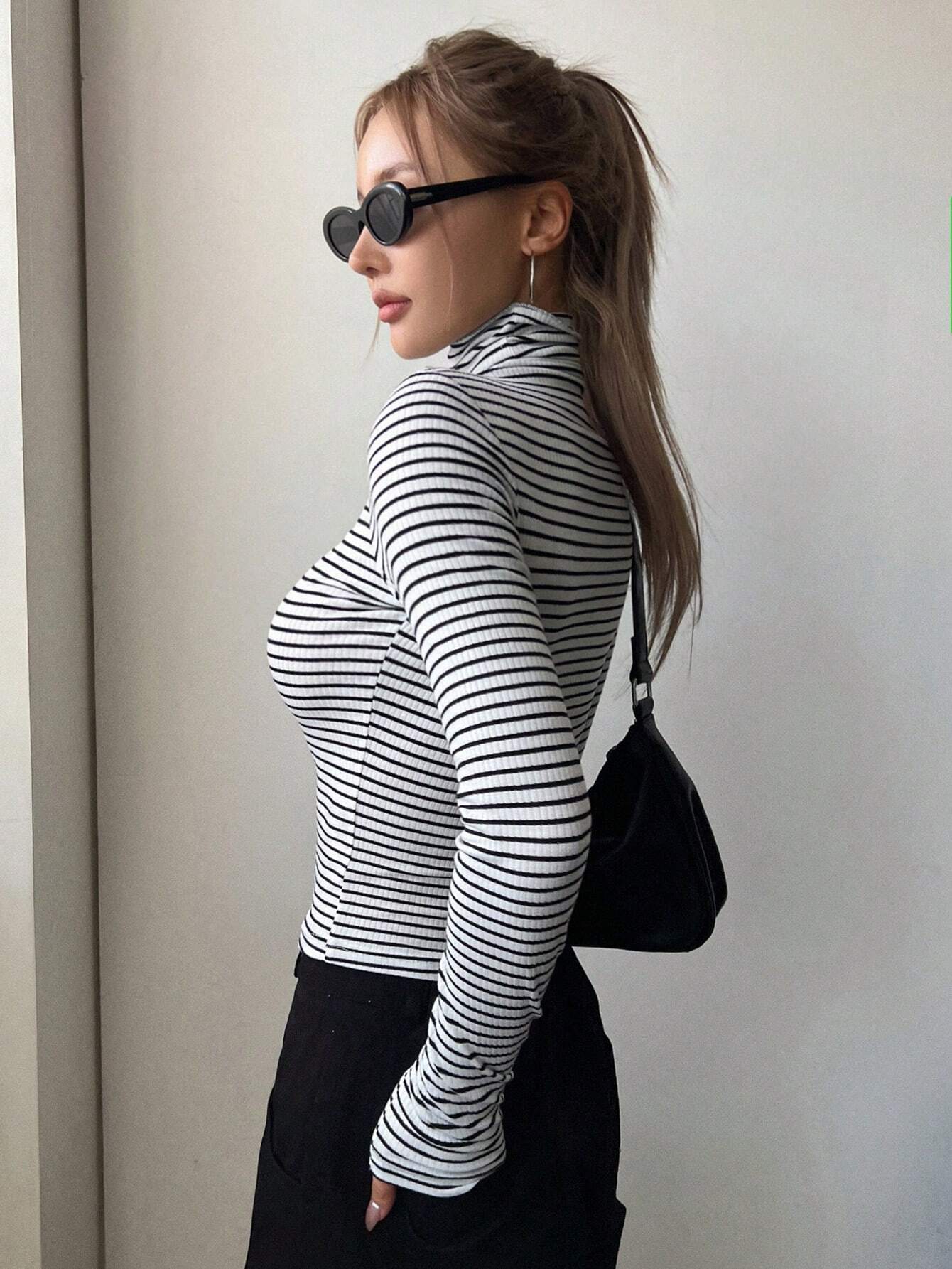 Buy SHEIN DAZY Striped High Neck Tee in Pakistan