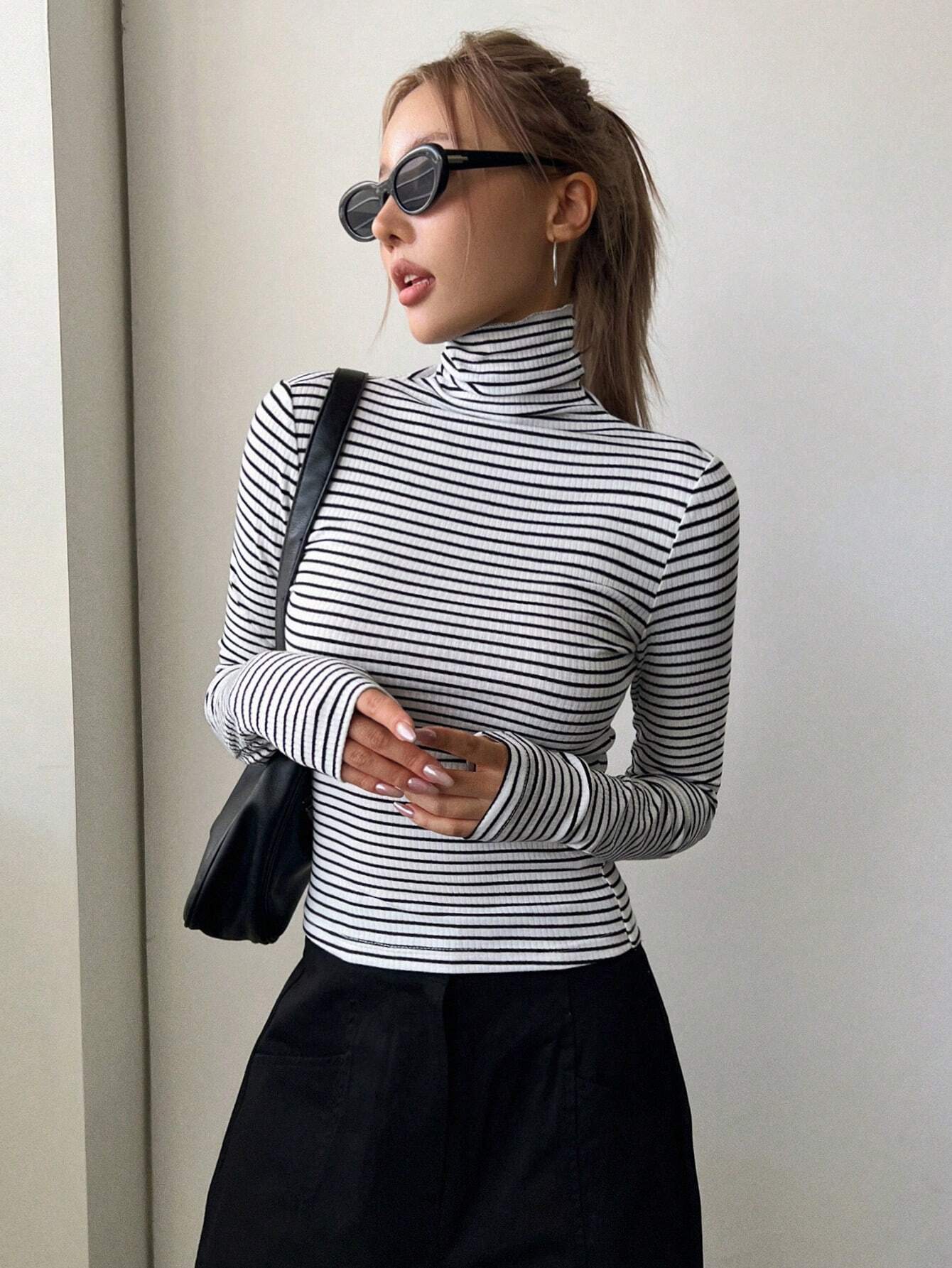 Buy SHEIN DAZY Striped High Neck Tee in Pakistan