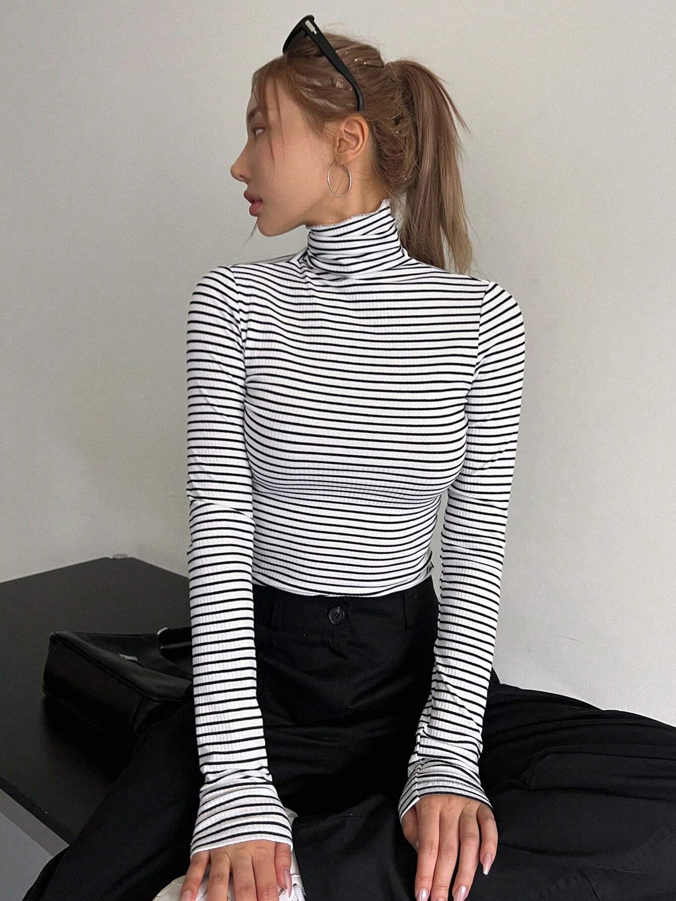 Buy SHEIN DAZY Striped High Neck Tee in Pakistan
