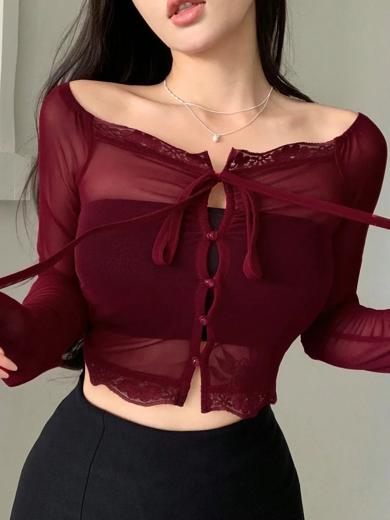 Buy SHEIN DAZY Women'S Lace Patchwork Front Knot Top in Pakistan