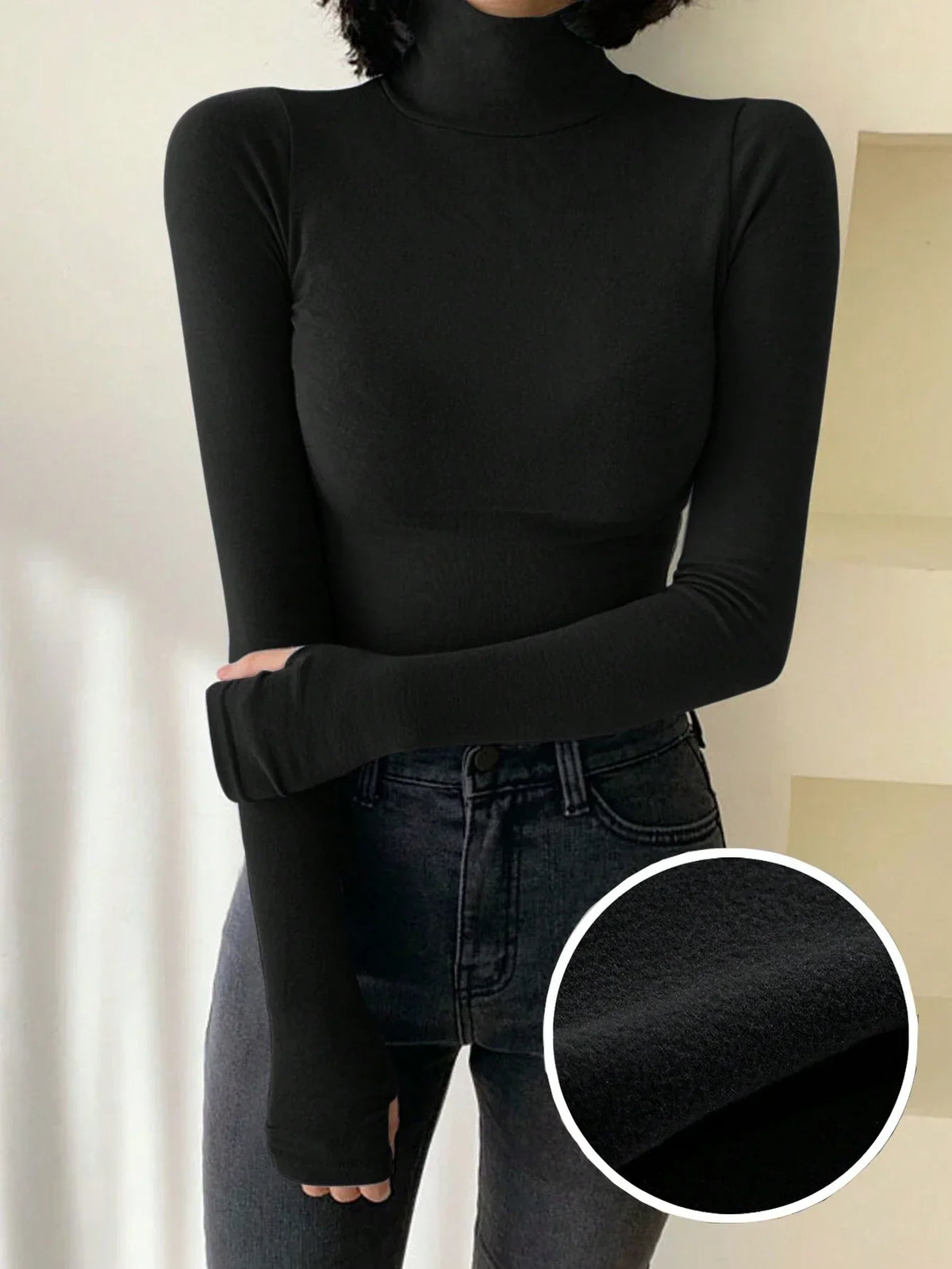 Buy SHEIN DAZY Women Solid Color Long Sleeve Turtleneck Stretchy Fleece T-Shirt, Autumn/Winter in Pakistan