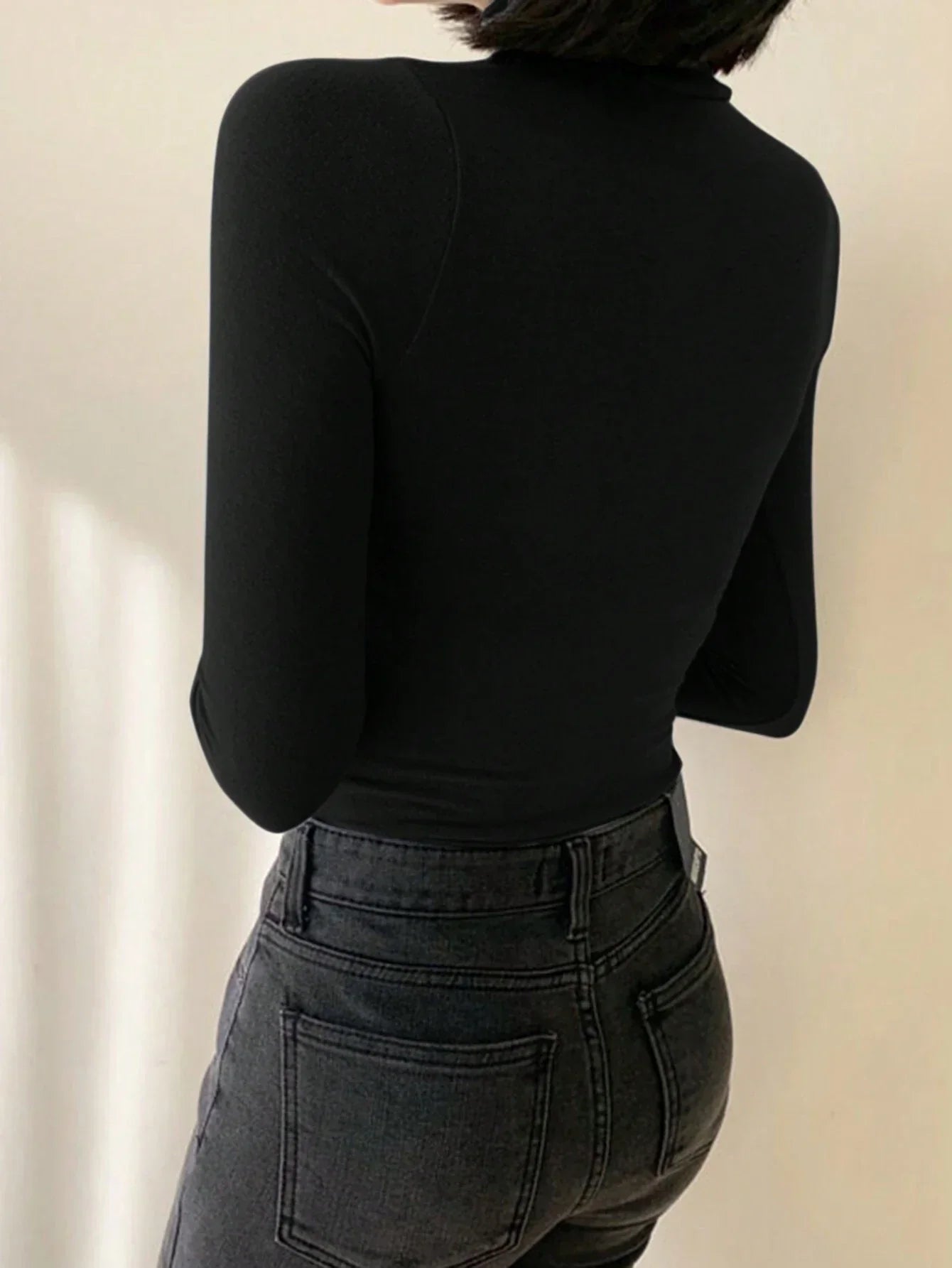 Buy SHEIN DAZY Women Solid Color Long Sleeve Turtleneck Stretchy Fleece T-Shirt, Autumn/Winter in Pakistan