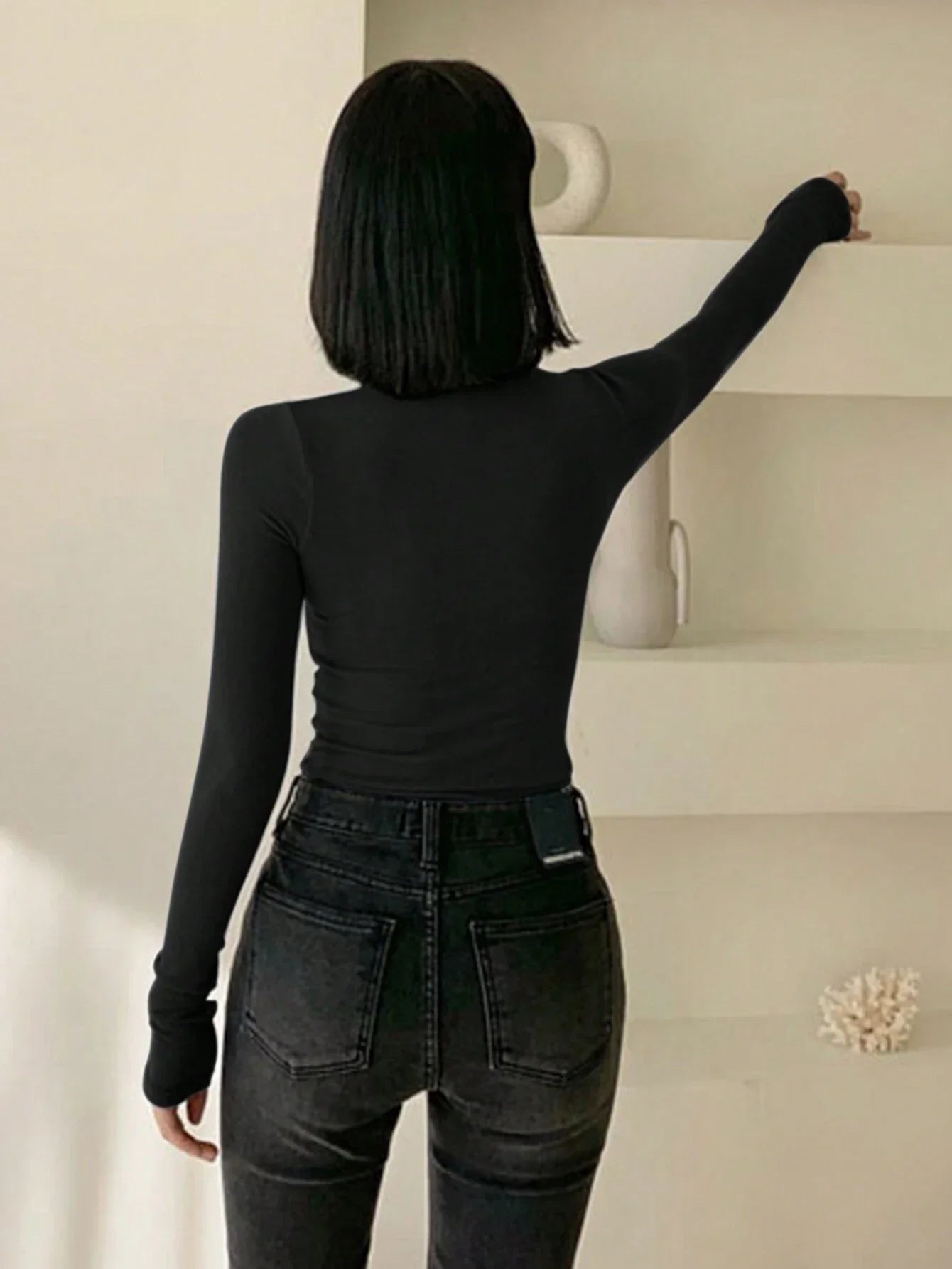 Buy SHEIN DAZY Women Solid Color Long Sleeve Turtleneck Stretchy Fleece T-Shirt, Autumn/Winter in Pakistan