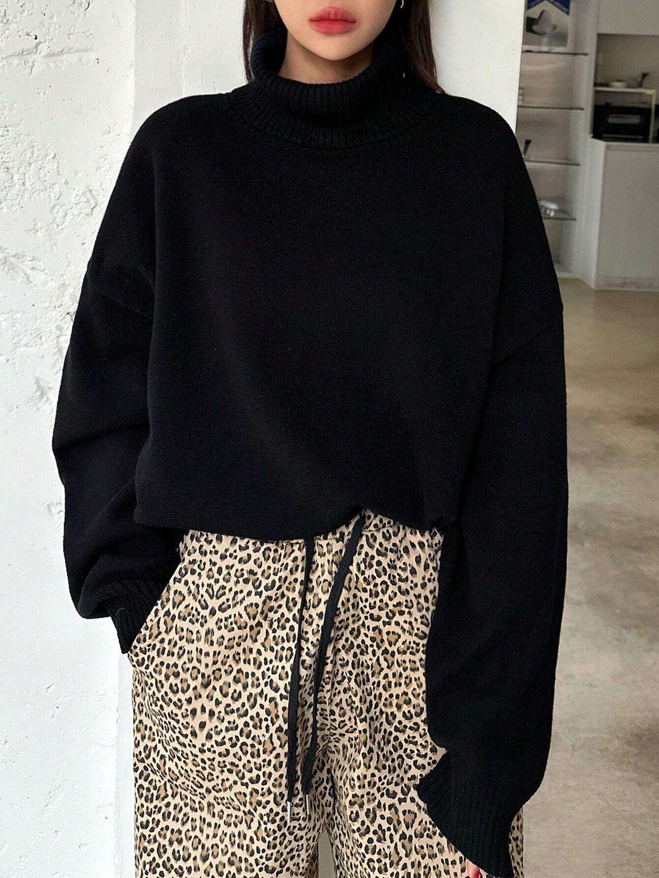 Buy SHEIN DAZY Women's Fall Casual High Neck Loose Black Sweater in Pakistan